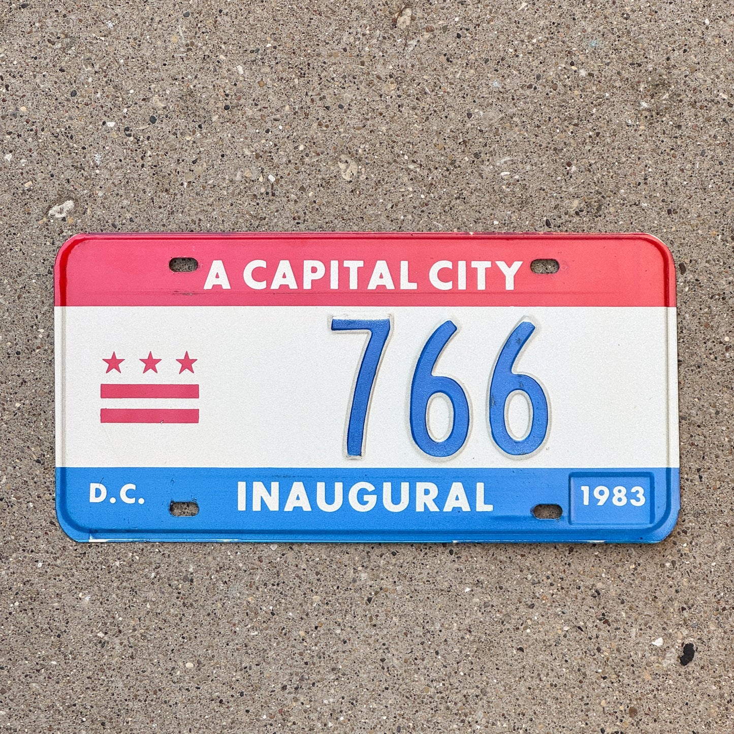 Photo of a 1983 Washington DC Mayor Inaugural License Plate Auto Tag 1 Garage Decor Politics Political Low Number Three Digit 766 with original patina