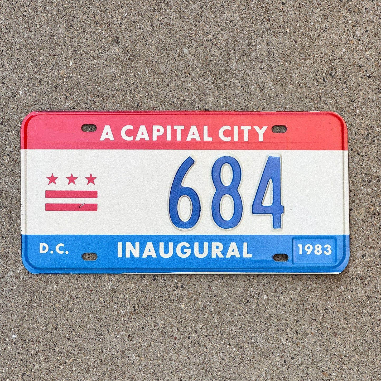 Photo of a 1983 Washington DC Mayor Inaugural License Plate Auto Tag 2 Garage Decor Politics Political Low Number Three Digit 684 with original patina
