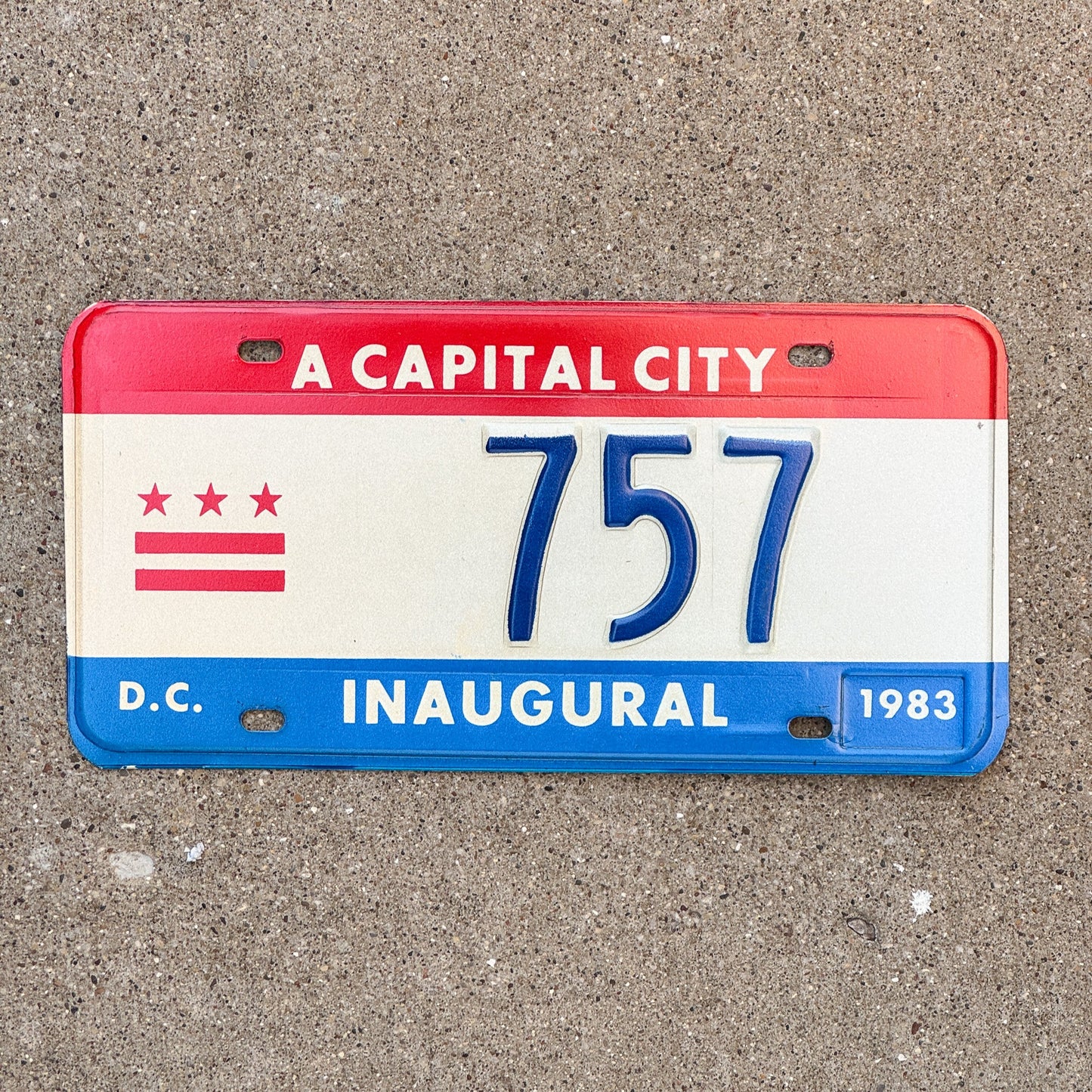 Photo of a 1983 Washington DC Mayor Inaugural License Plate Auto Tag 2 Garage Decor Politics Political Low Number Three Digit 757 with original patina