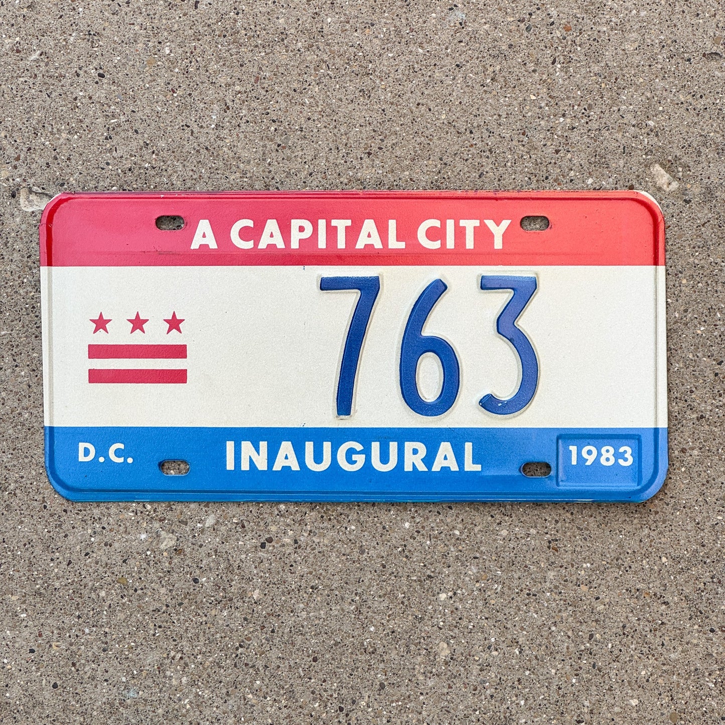 Photo of a 1983 Washington DC Mayor Inaugural License Plate Auto Tag 2 Garage Decor Politics Political Low Number Three Digit 763 with original patina