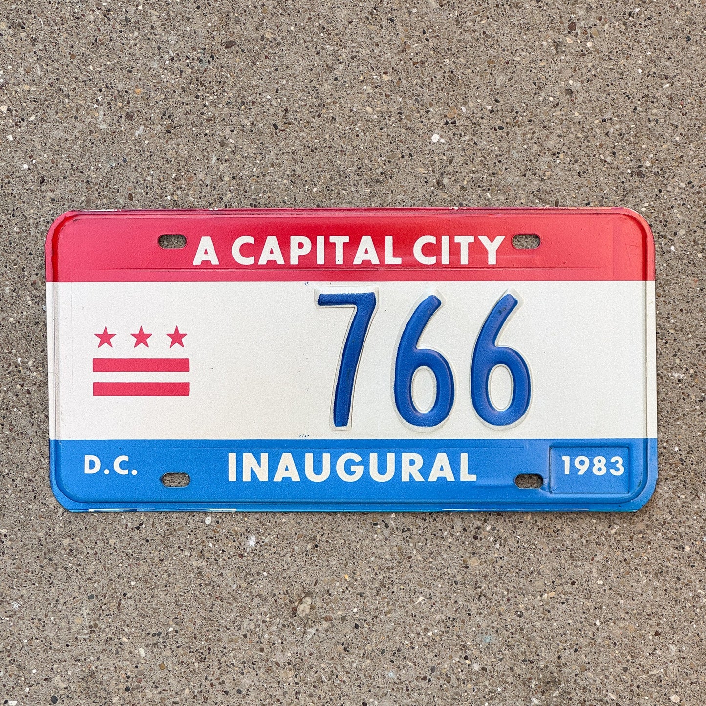 Photo of a 1983 Washington DC Mayor Inaugural License Plate Auto Tag 2 Garage Decor Politics Political Low Number Three Digit 766 with original patina