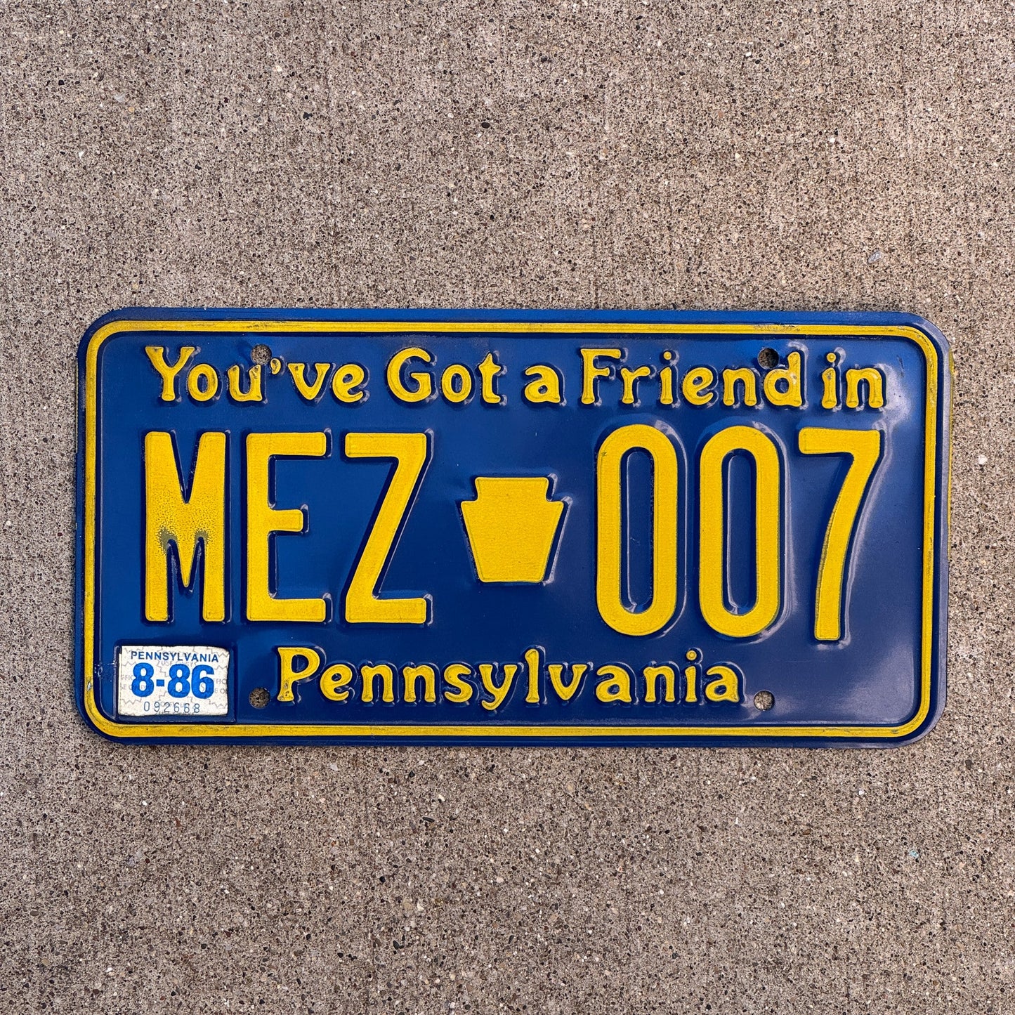 Photo of a 1984 1986 Pennsylvania License Plate Auto Tag Garage Decor Vintage MEZ 007 with original patina