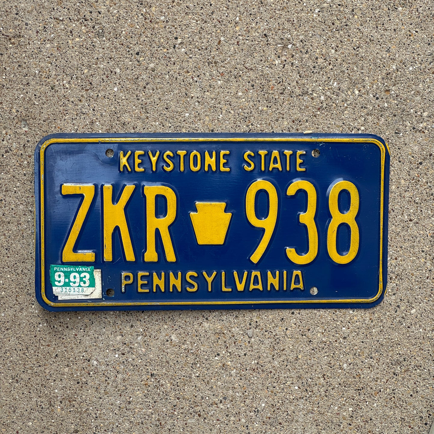 Photo of a 1984 1993 Pennsylvania License Plate Auto Tag Garage Decor Vintage ZKR 938 with original patina