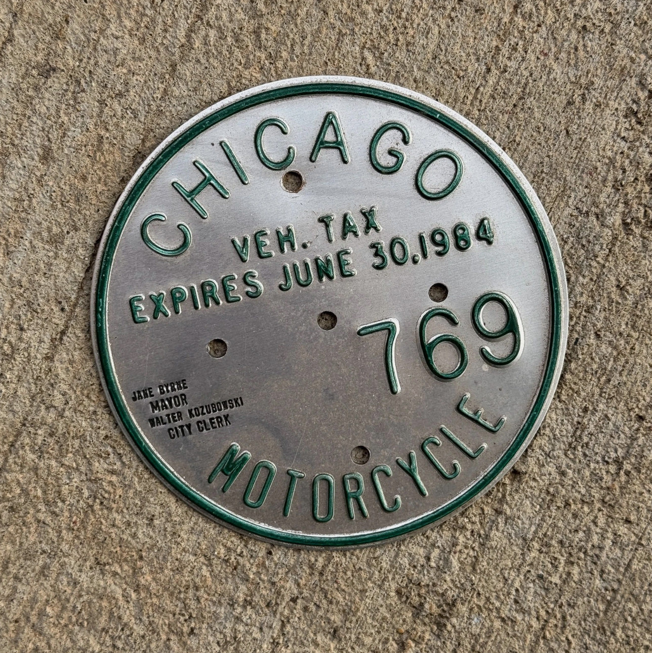 Photo of a 1984 Chicago MOTORCYCLE Tax Tag Disc Disk Medallion Auto Tag Garage Decor Vintage 769