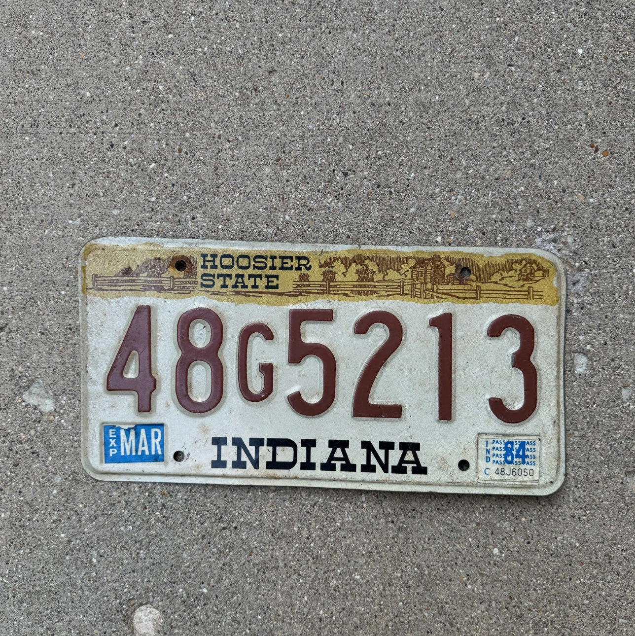 Photo of a 1984 Indiana License Plate Auto Tag Garage Decor Vintage 48 G 5213
