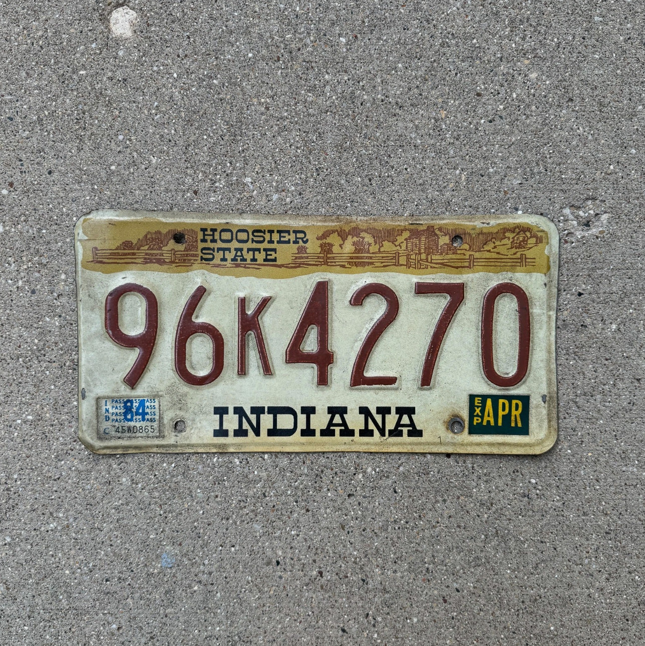 Photo of a 1984 Indiana License Plate Auto Tag Garage Decor Vintage 96 K 4270