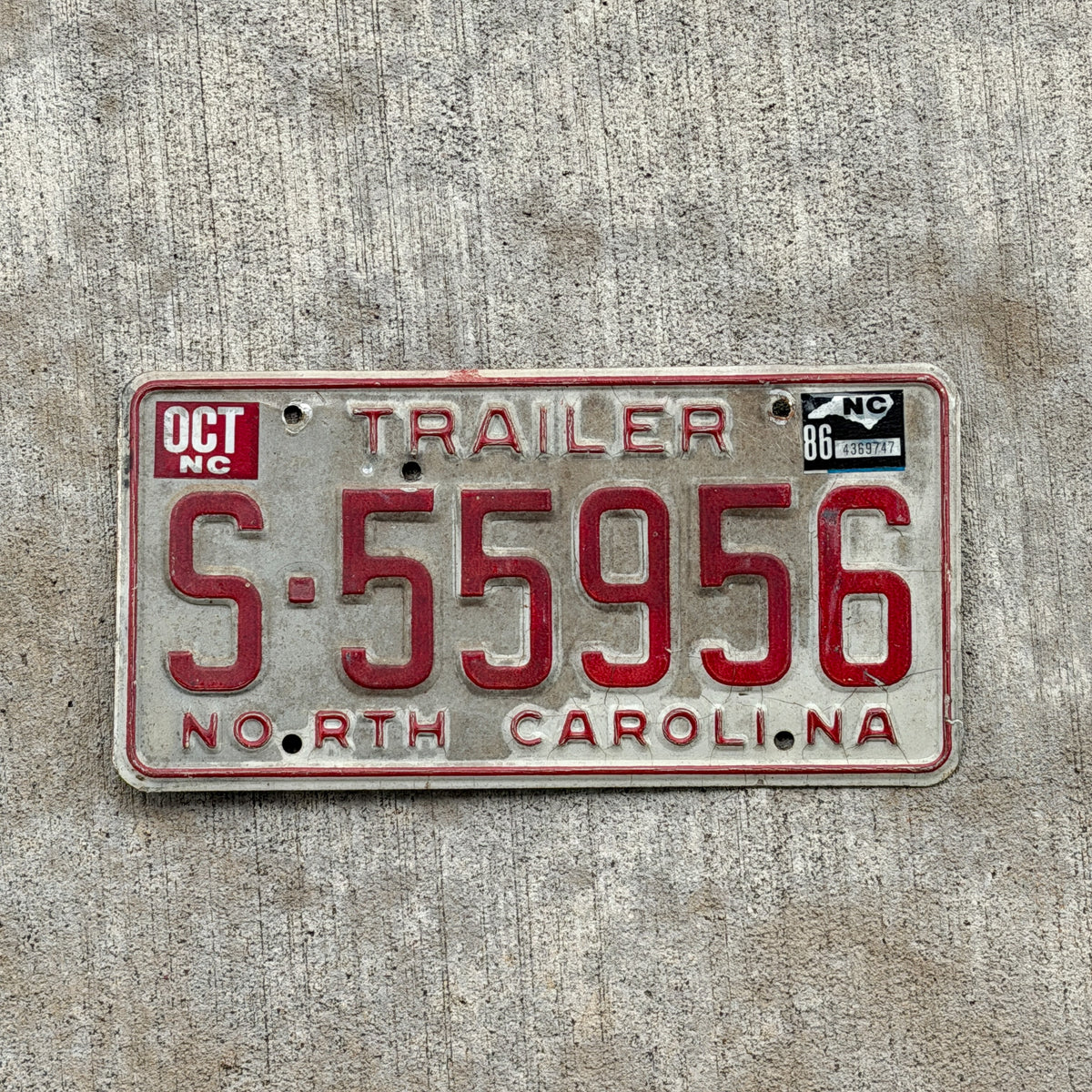 Photo of a 1985 1986 North Carolina Trailer License Plate Auto Tag Garage Decor Vintage S 55956 with original patina