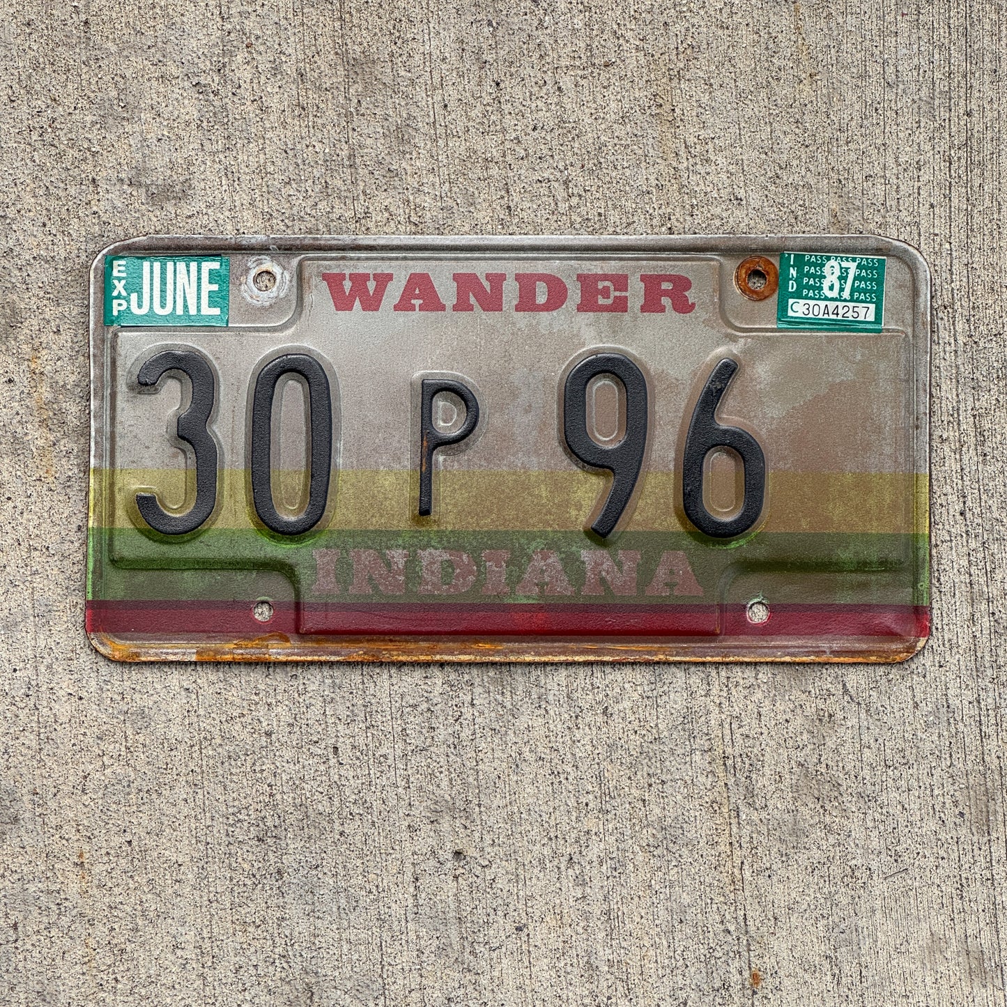 Photo of a 1985 1987 Indiana License Plate Auto Tag Garage Decor Vintage 30 P 96 with original patina