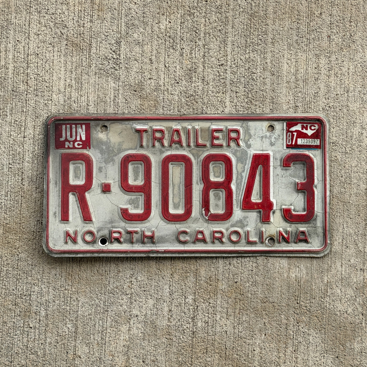 Photo of a 1985 1987 North Carolina Trailer License Plate Auto Tag Garage Decor Vintage R 90843 with original patina
