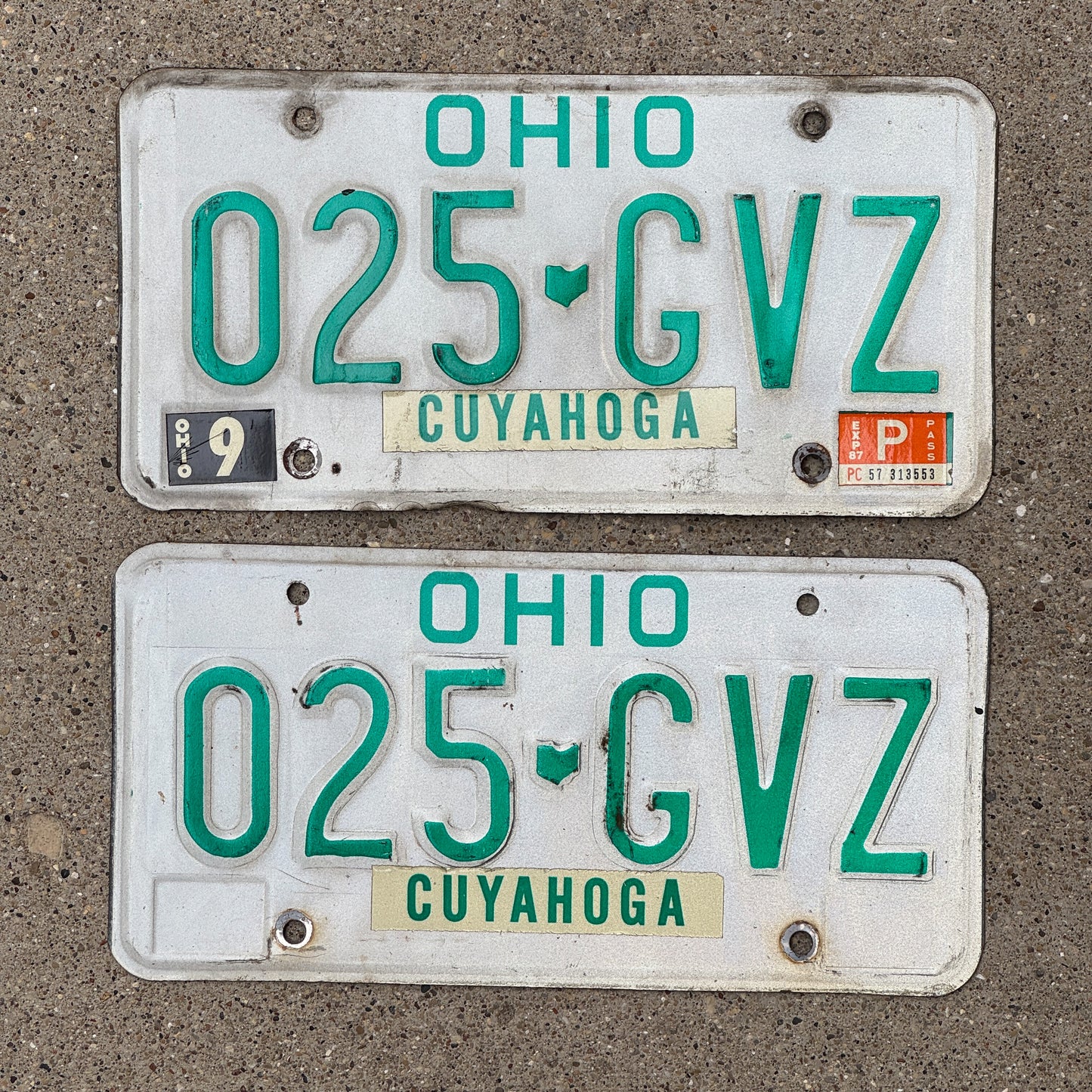 Photo of a 1985 1987 Ohio License Plate Pair Auto Tag Garage Decor Vintage 025 GVZ with original patina