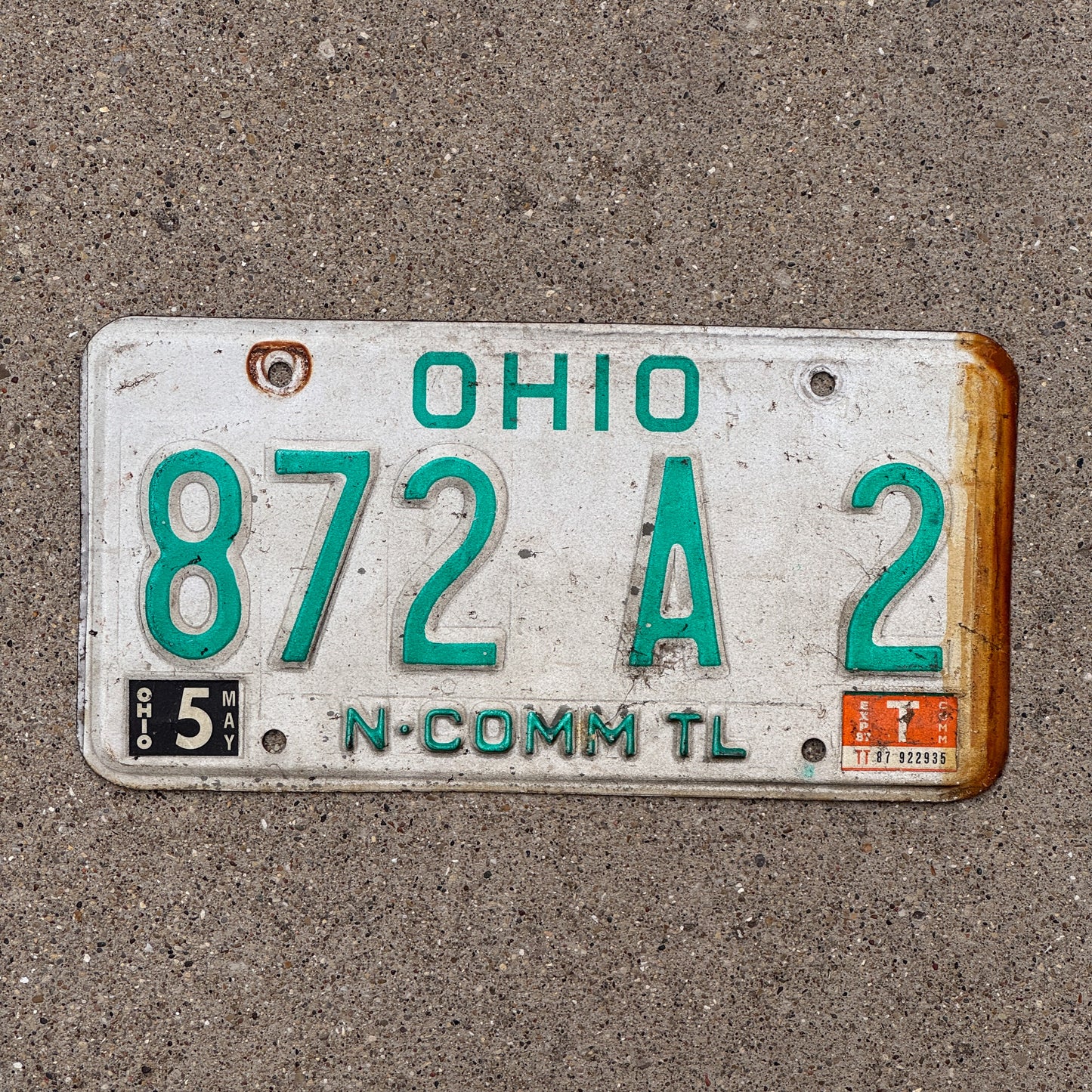 Photo of a 1985 1987 Ohio Trailer License Plate Auto Tag Garage Decor Vintage Non Commercial 872 A 2 with original patina