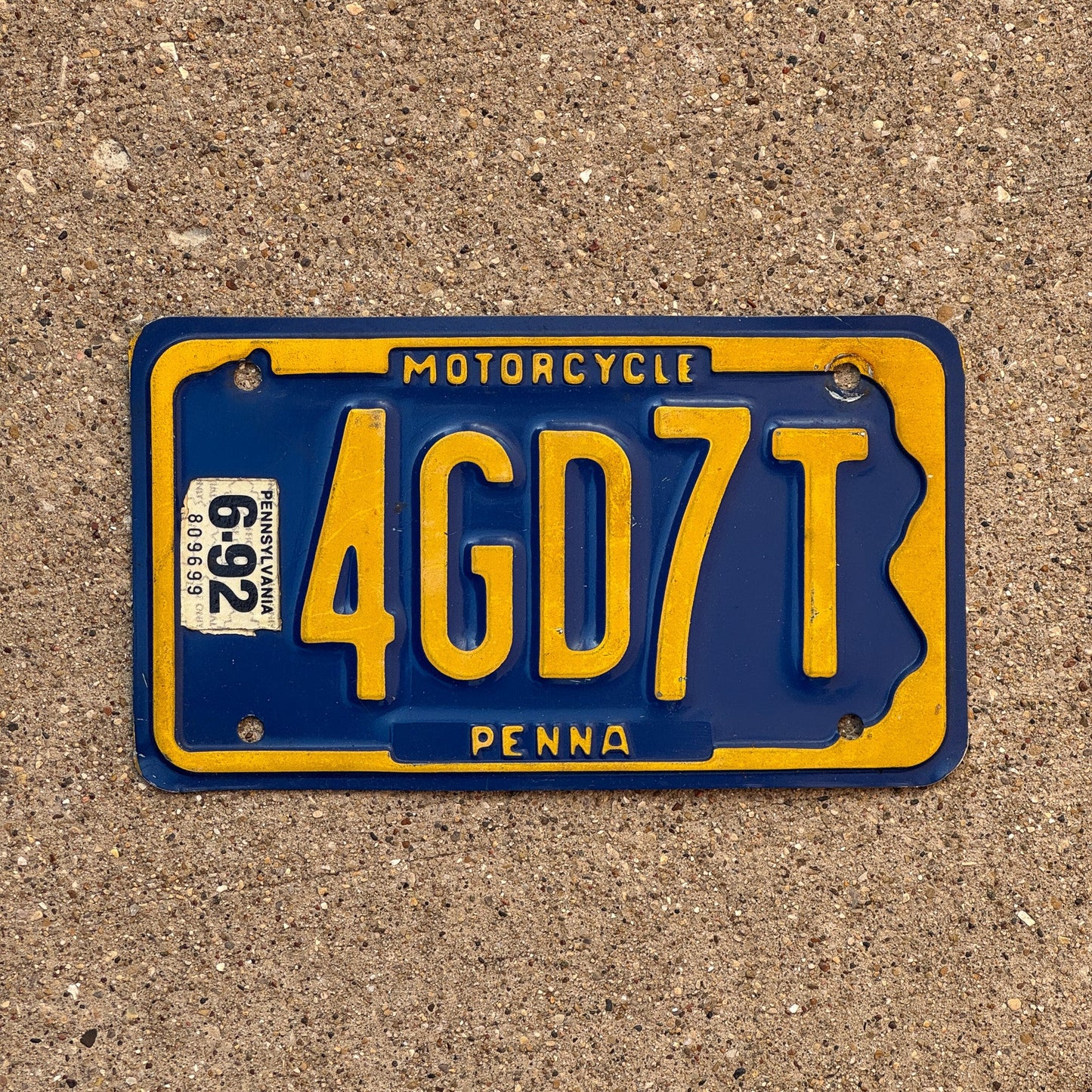 Photo of a 1985 1992 Pennsylvania MOTORCYCLE License Plate Auto Tag Garage Decor Vintage State Shape 4 GD 7 T