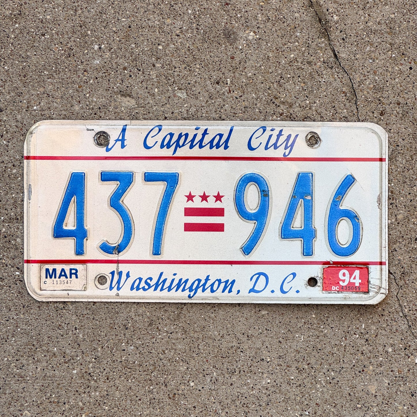 Photo of a 1985 1994 Washington DC License Plate Auto Tag Garage Decor Vintage A Capital City 437 946 with original patina
