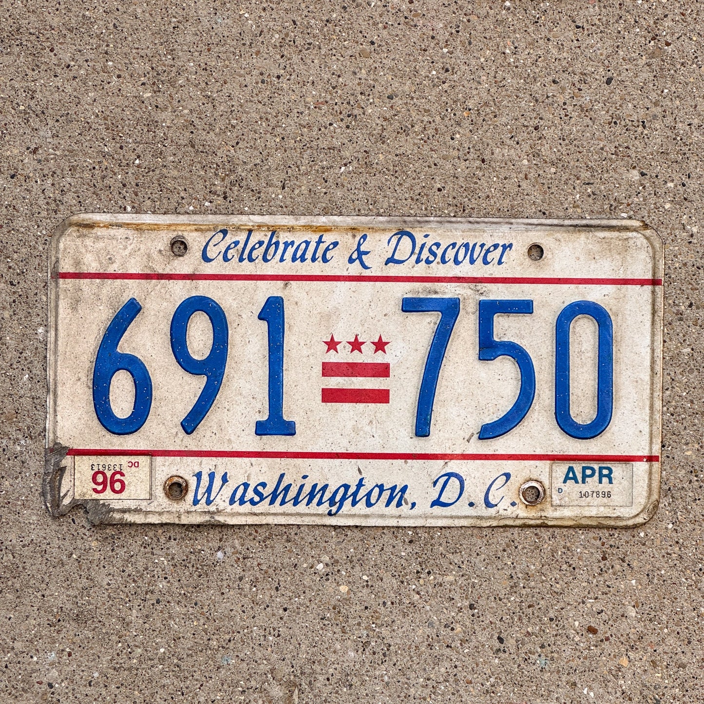 Photo of a 1985 1996 Washington DC License Plate Auto Tag Garage Decor Vintage Celebrate and Discover 691 750 with original patina