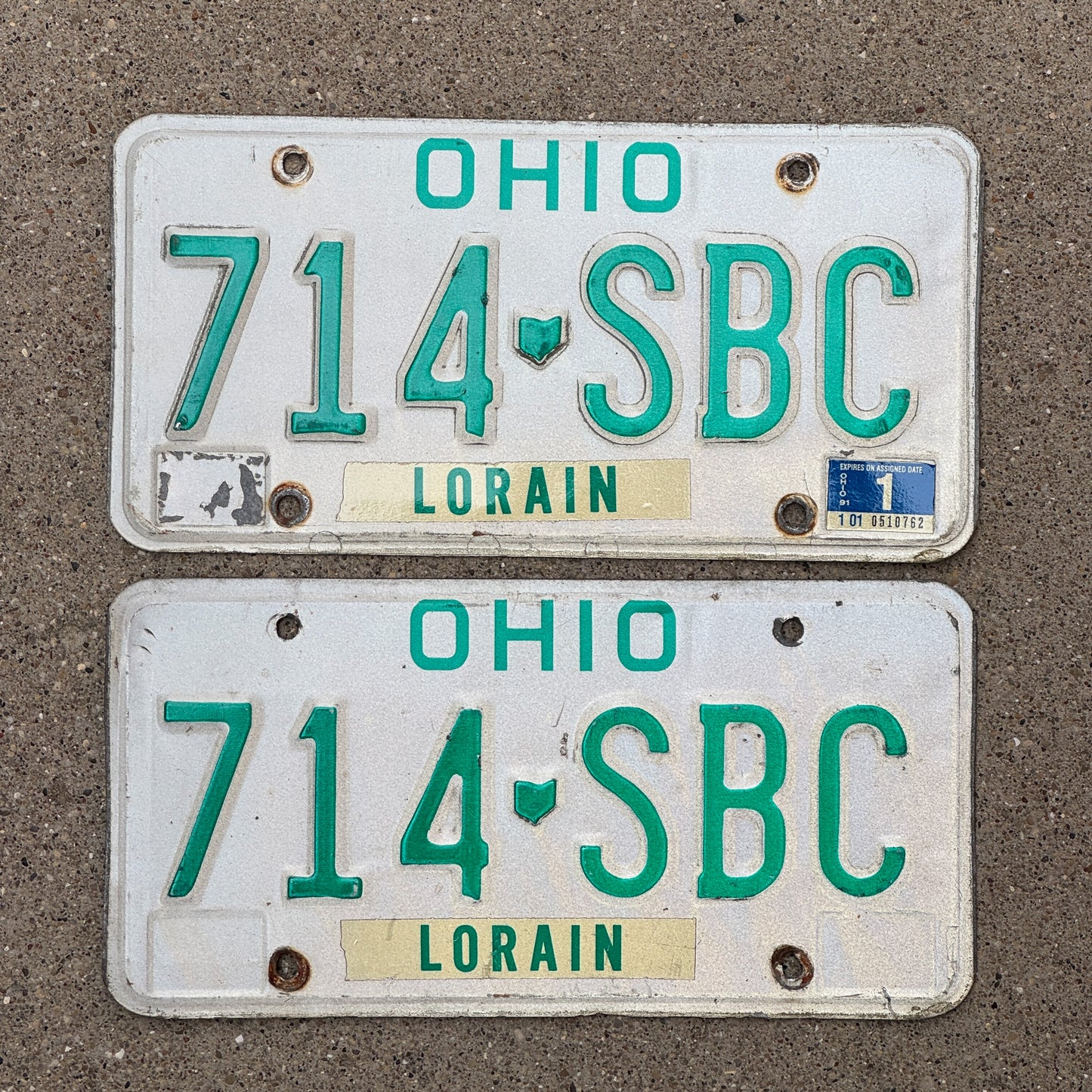 Photo of a 1985 2001 Ohio License Plate Pair Auto Tag Garage Decor Vintage 714 SBC with original patina