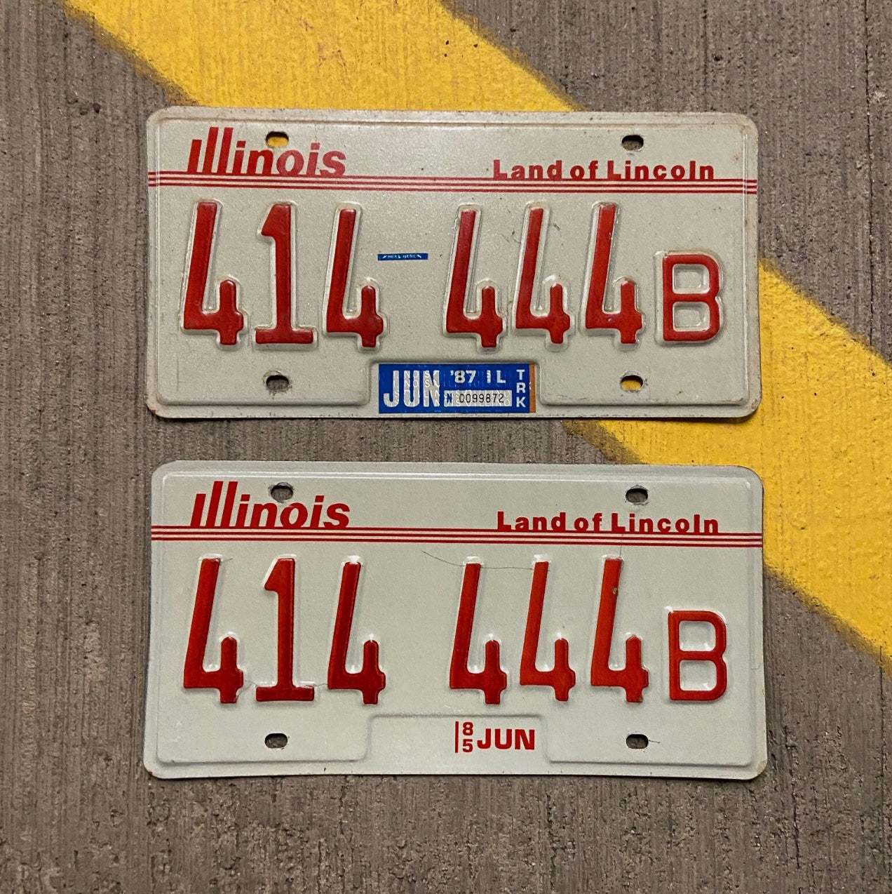 Photo of a 1985 Illinois Truck License Plate Pair Auto Tag Garage Decor Vintage 414 444 B with original patina