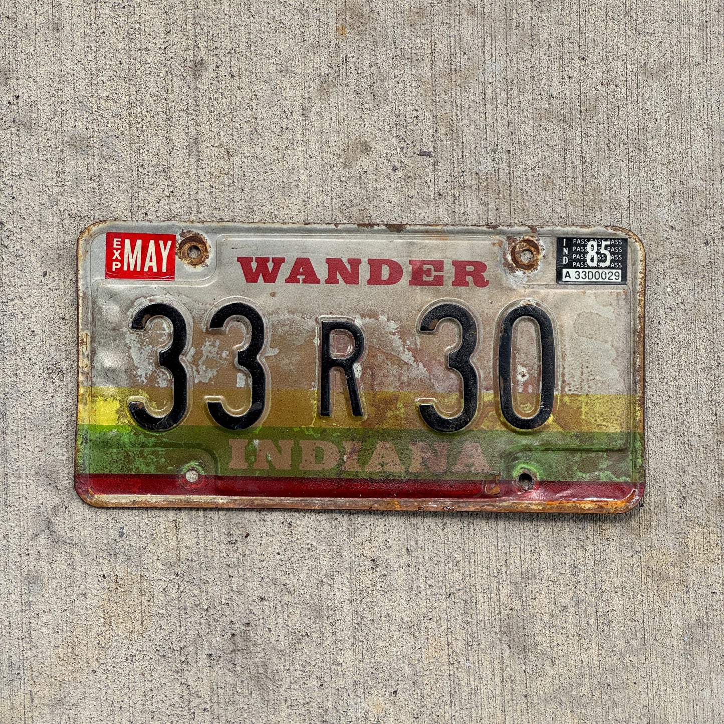 Photo of a 1985 Indiana License Plate Auto Tag Garage Decor Vintage 33 R 30 with original patina