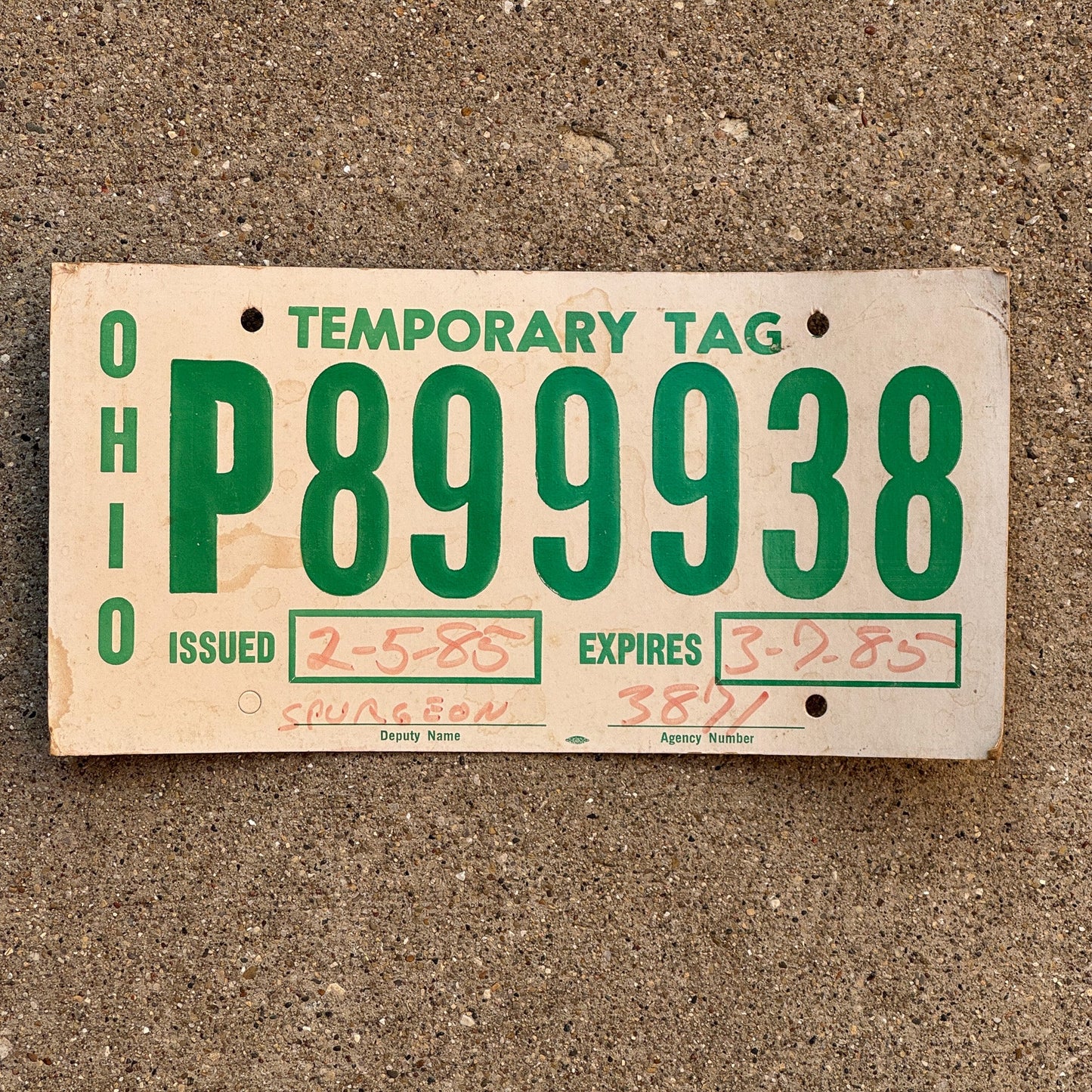 Photo of a 1985 Ohio TEMP TAG License Plate Auto Tag Garage Decor Vintage 999 Repeat P 899938