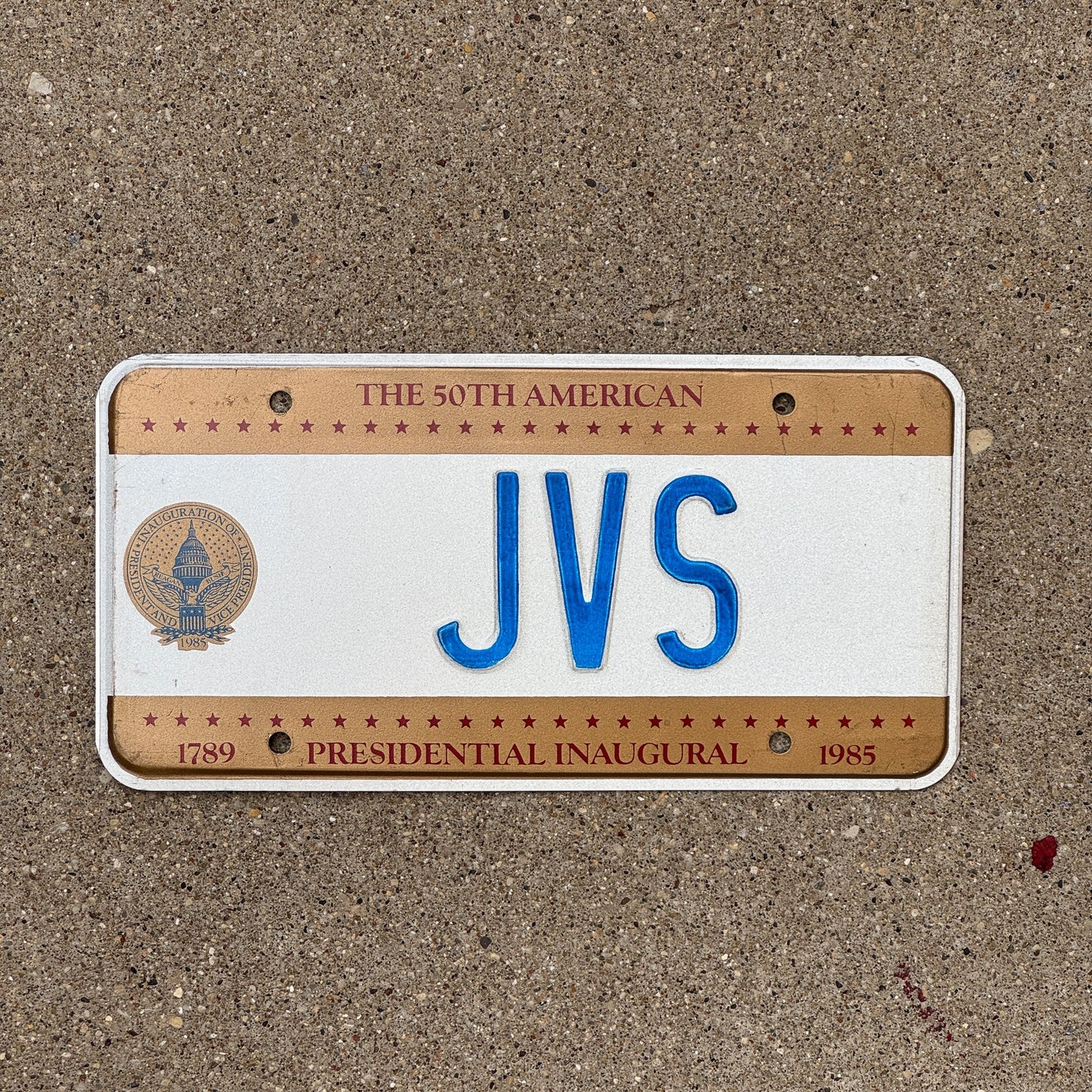Photo of a 1985 Washington DC Inaugural License Plate Auto Tag Garage Decor Vintage Reagan Inauguration JVS