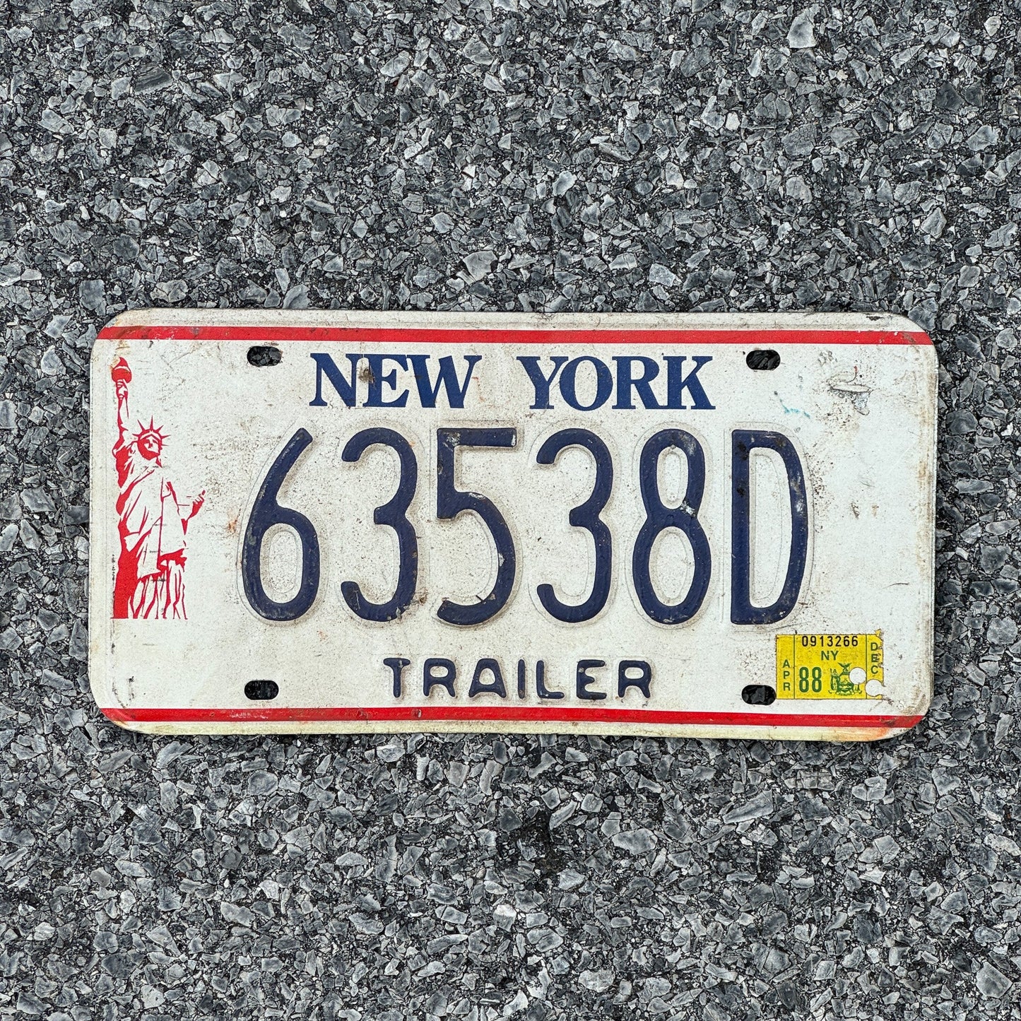 Photo of a 1986 1988 New York Trailer License Plate Auto Tag Garage Decor Vintage Liberty Base 63538D