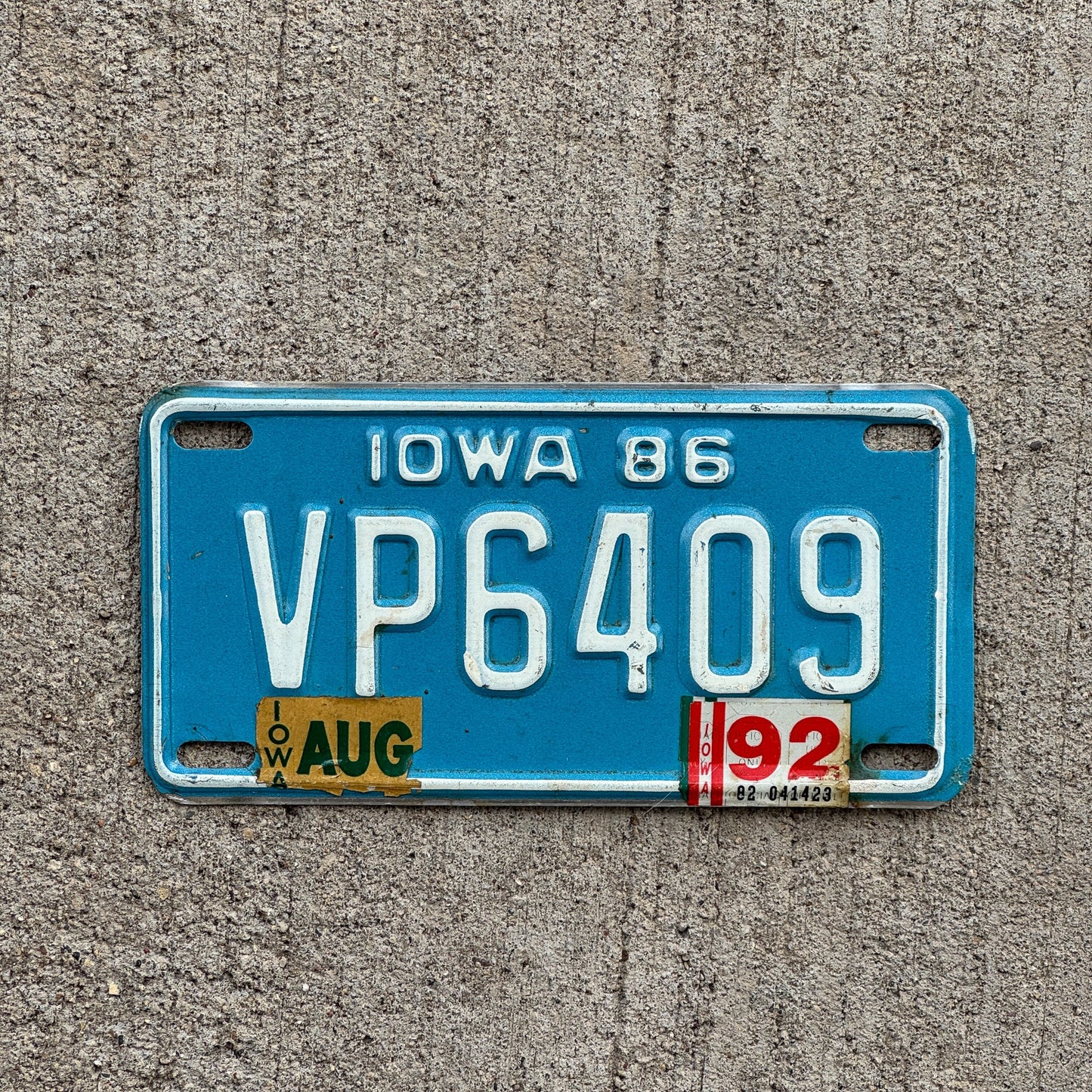 Photo of a 1986 1992 Iowa Motorcycle License Plate Auto Tag Garage Decor Vintage VP 6409