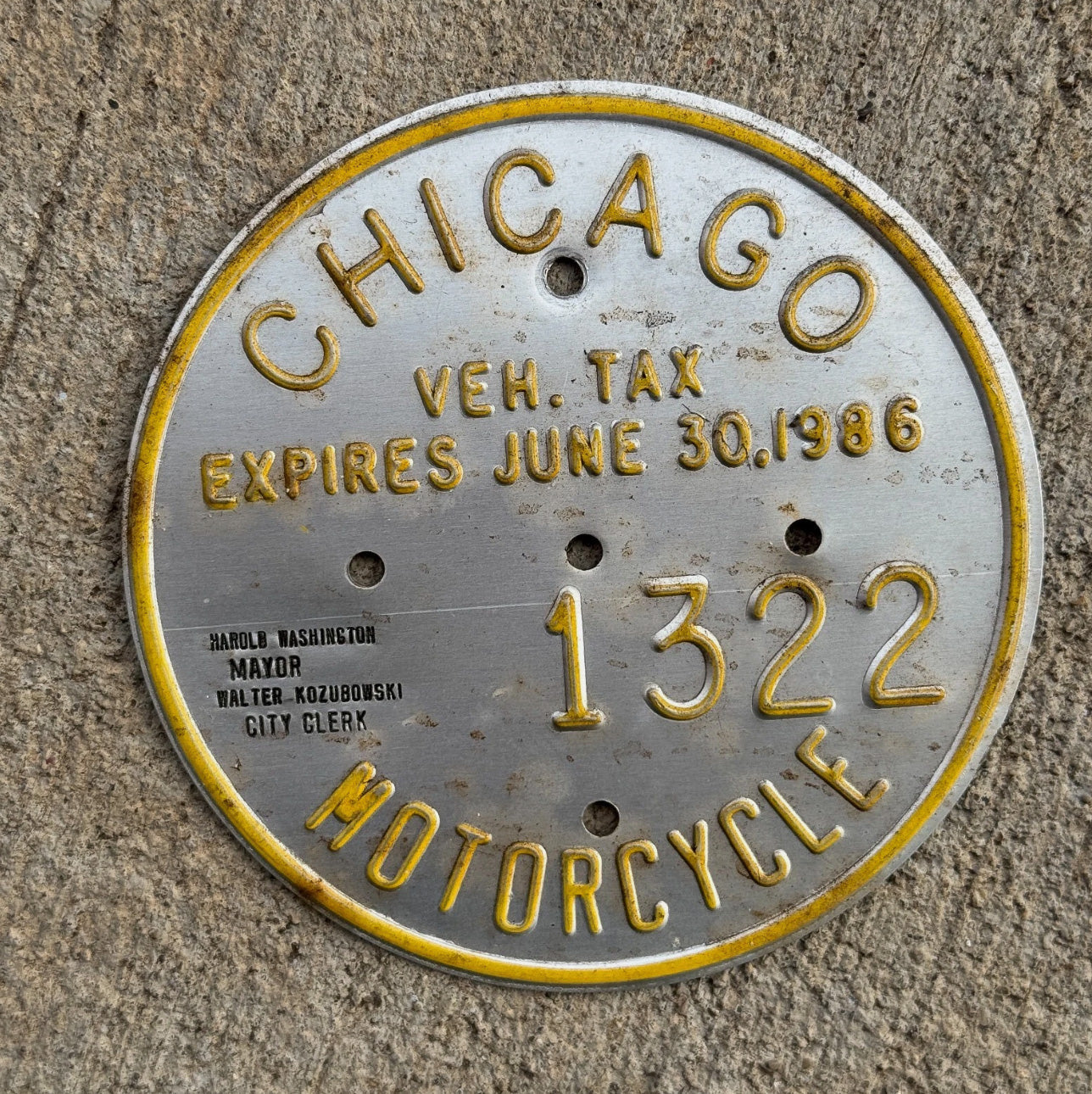 Photo of a 1986 Chicago MOTORCYCLE Tax Tag Disc Disk Medallion Auto Tag Garage Decor Vintage 1322