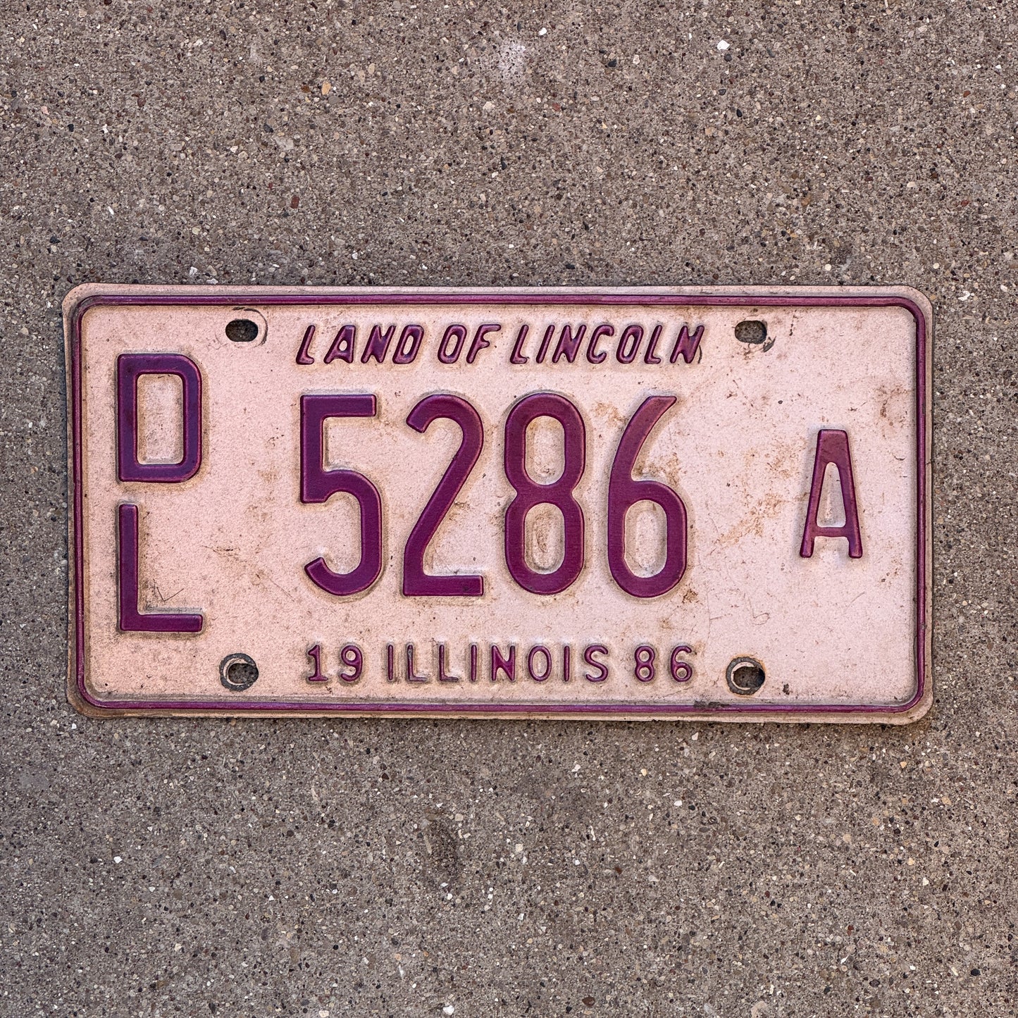 Photo of a 1986 Illinois Dealer License Plate Auto Tag 2 Vintage Garage 5286 A with original patina
