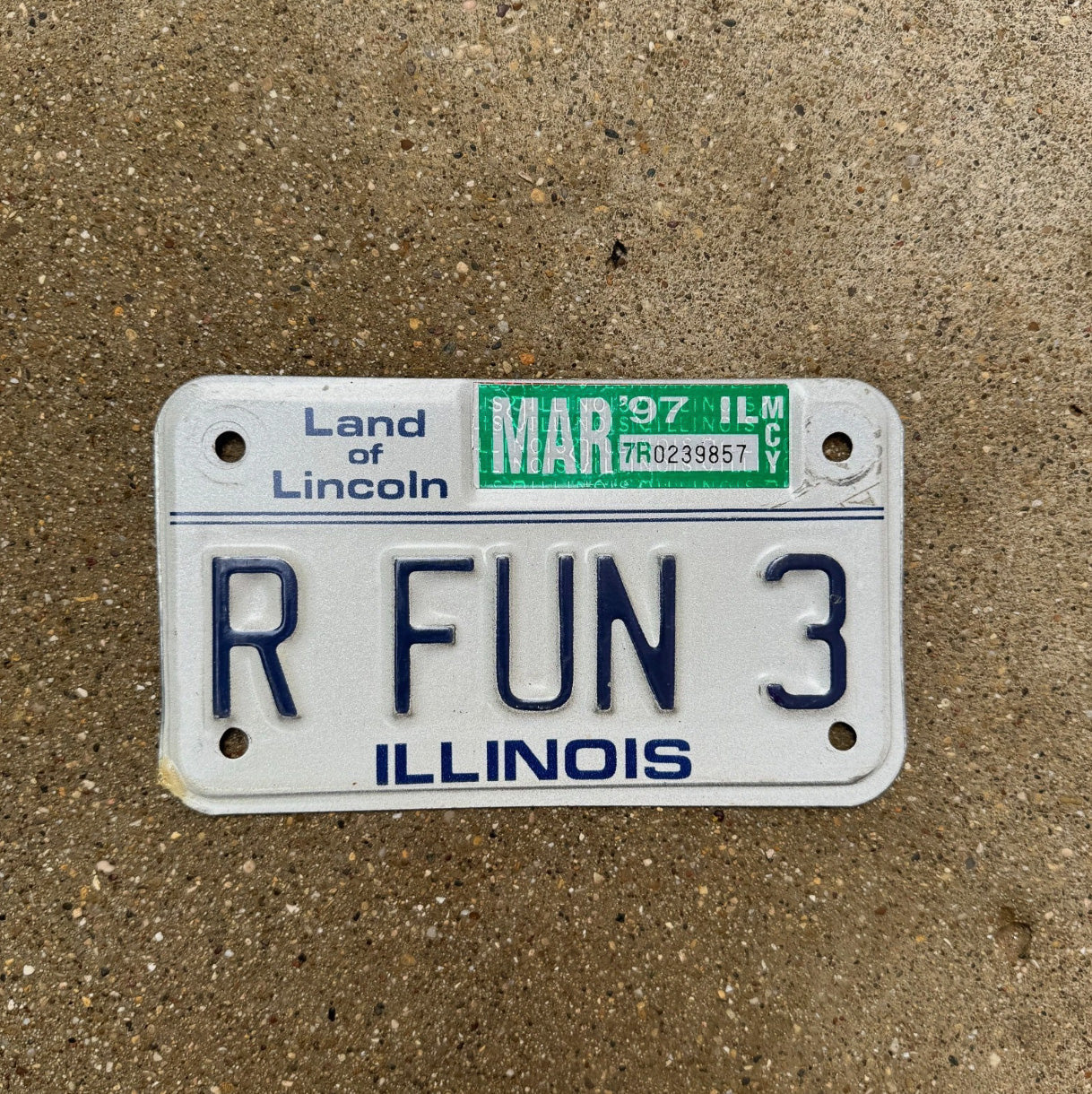 Photo of a 1986 Illinois Vanity MOTORCYCLE License Plate Auto Tag Garage Decor Vintage License Plate Bike MC 1997 Sticker R FUN 3