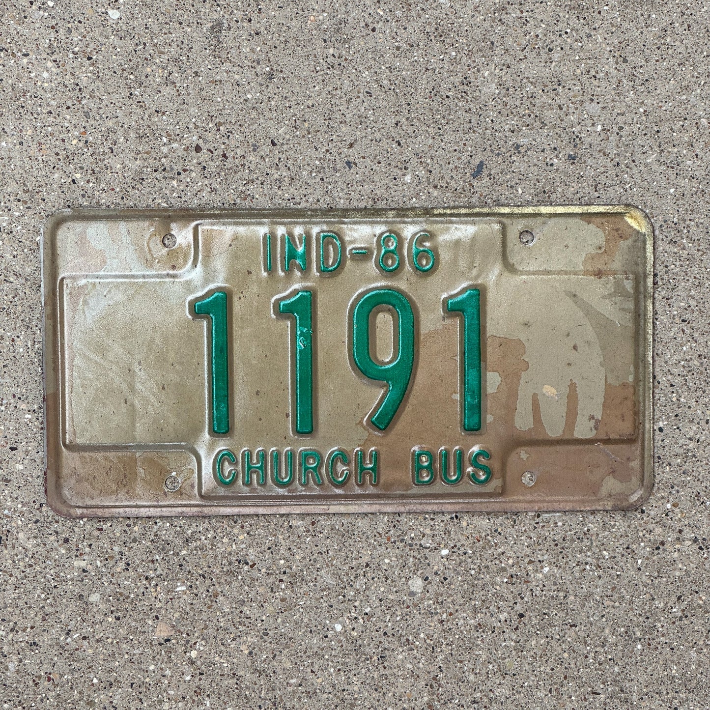 Photo of a 1986 Indiana Church Bus License Plate Auto Tag Garage Decor Vintage 1191