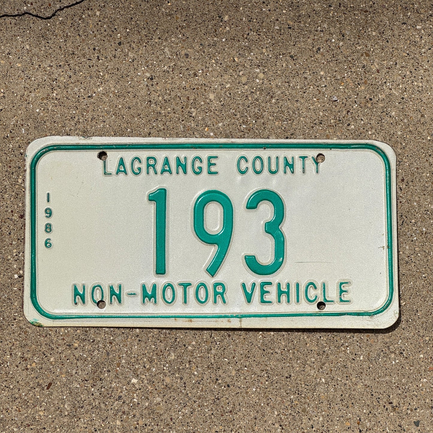 Photo of a 1986 Indiana Non-Motor Vehicle License Plate Auto Tag Garage Decor Vintage Lagrange County 193