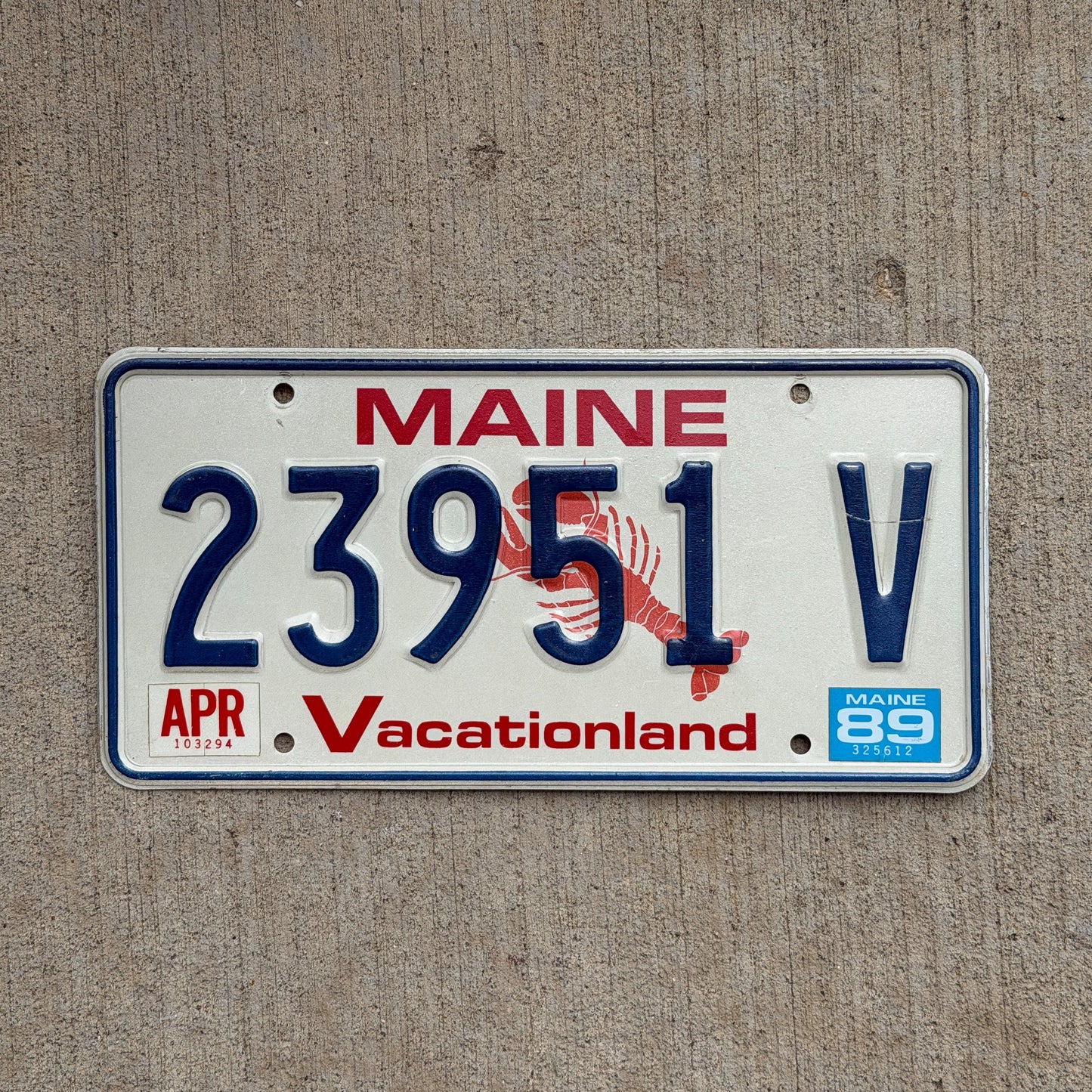 Photo of a 1987 1989 Maine License Plate Auto Tag Garage Decor Vintage Lobster 23951 V with original patina