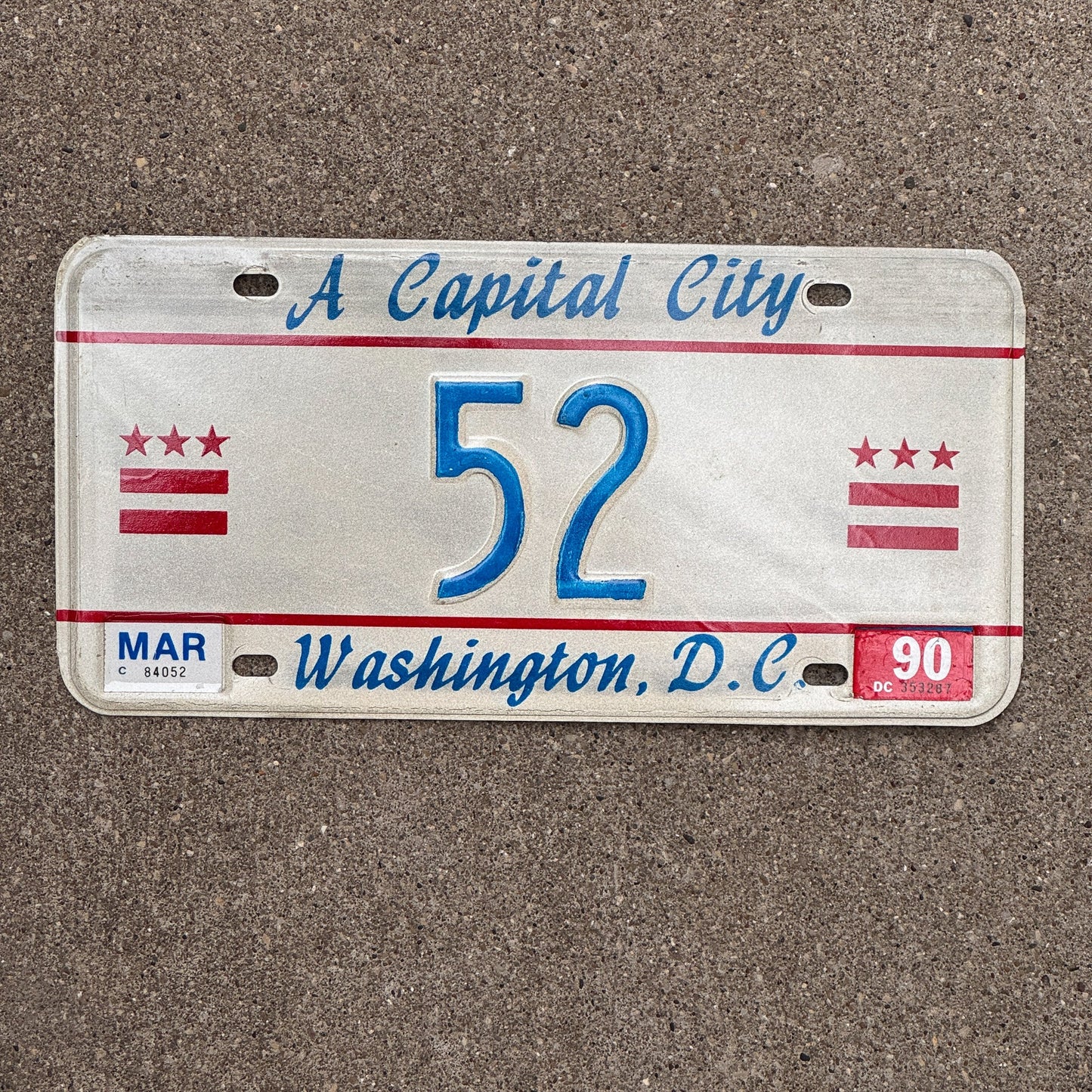 Photo of a 1987 1990 Washington DC License Plate Auto Tag Garage Decor Vintage Low Number Two Digit 52 with original patina