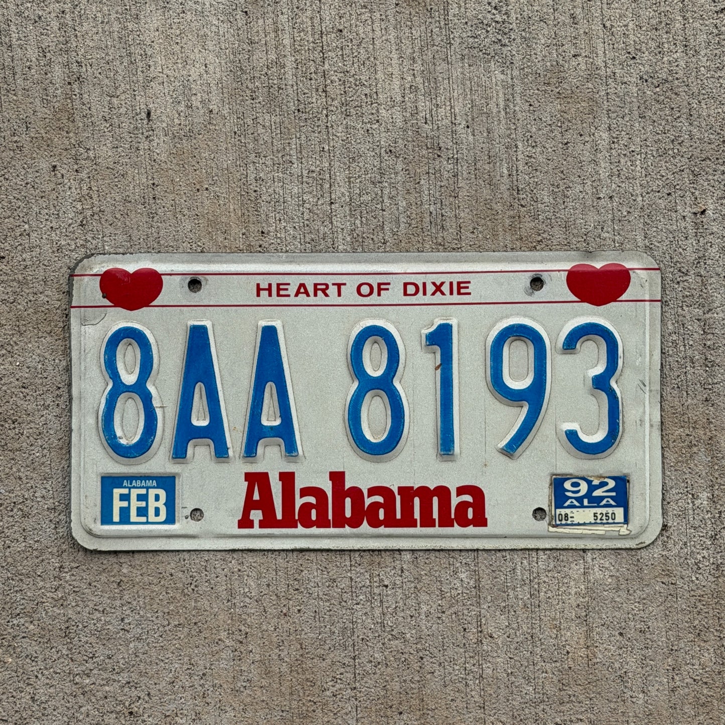 Photo of a 1987 1992 Alabama License Plate Auto Tag Garage Decor Vintage 8AA 8193 with original patina