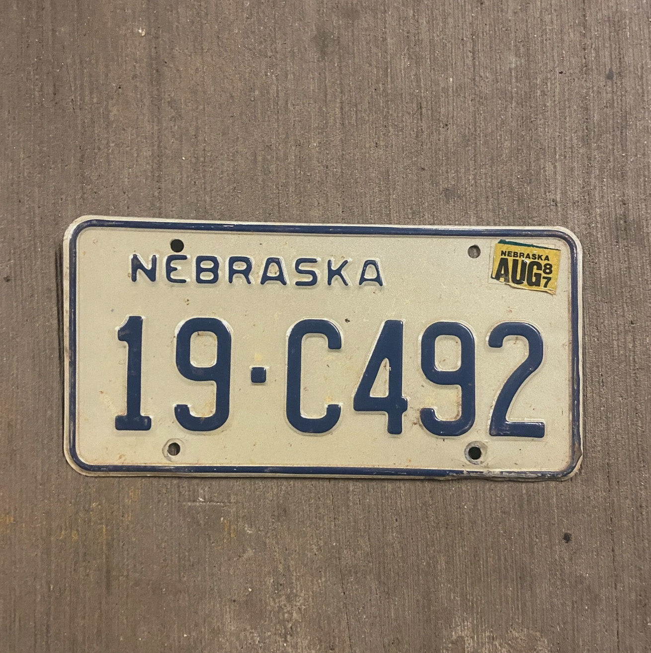 Photo of a 1987 Nebraska License Plate Auto Tag Garage Decor Vintage 9 C 492
