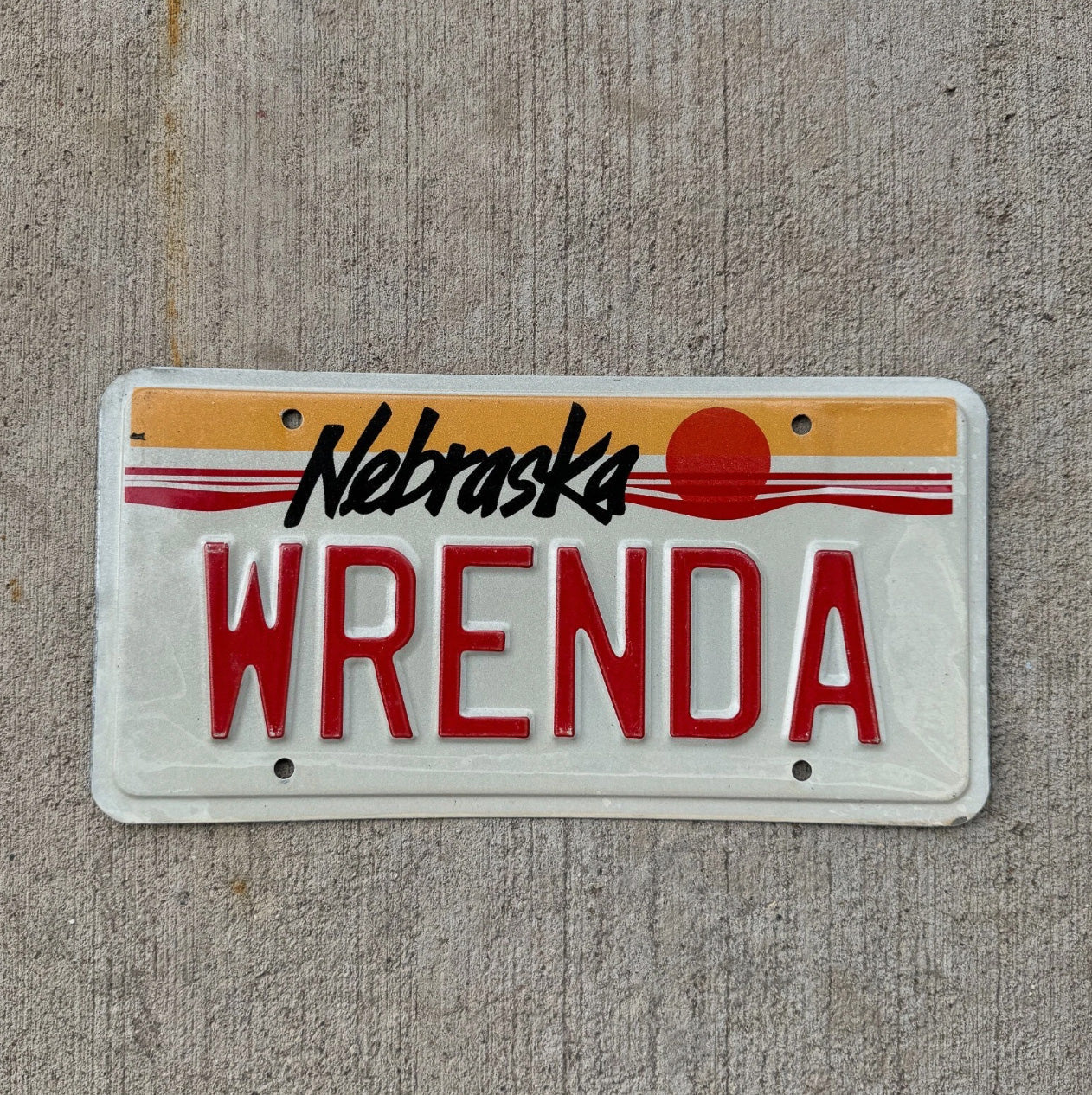 Photo of a 1987 Nebraska Vanity License Plate Auto Tag Garage Decor Vintage Name WRENDA