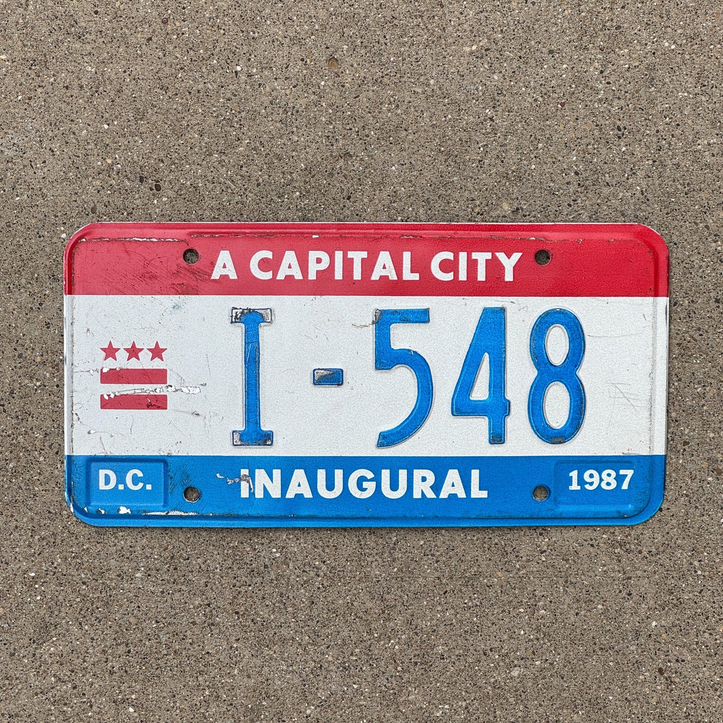 Photo of a 1987 Washington DC Inaugural License Plate Auto Tag Garage Decor Vintage Politics Political Mayoral I 548