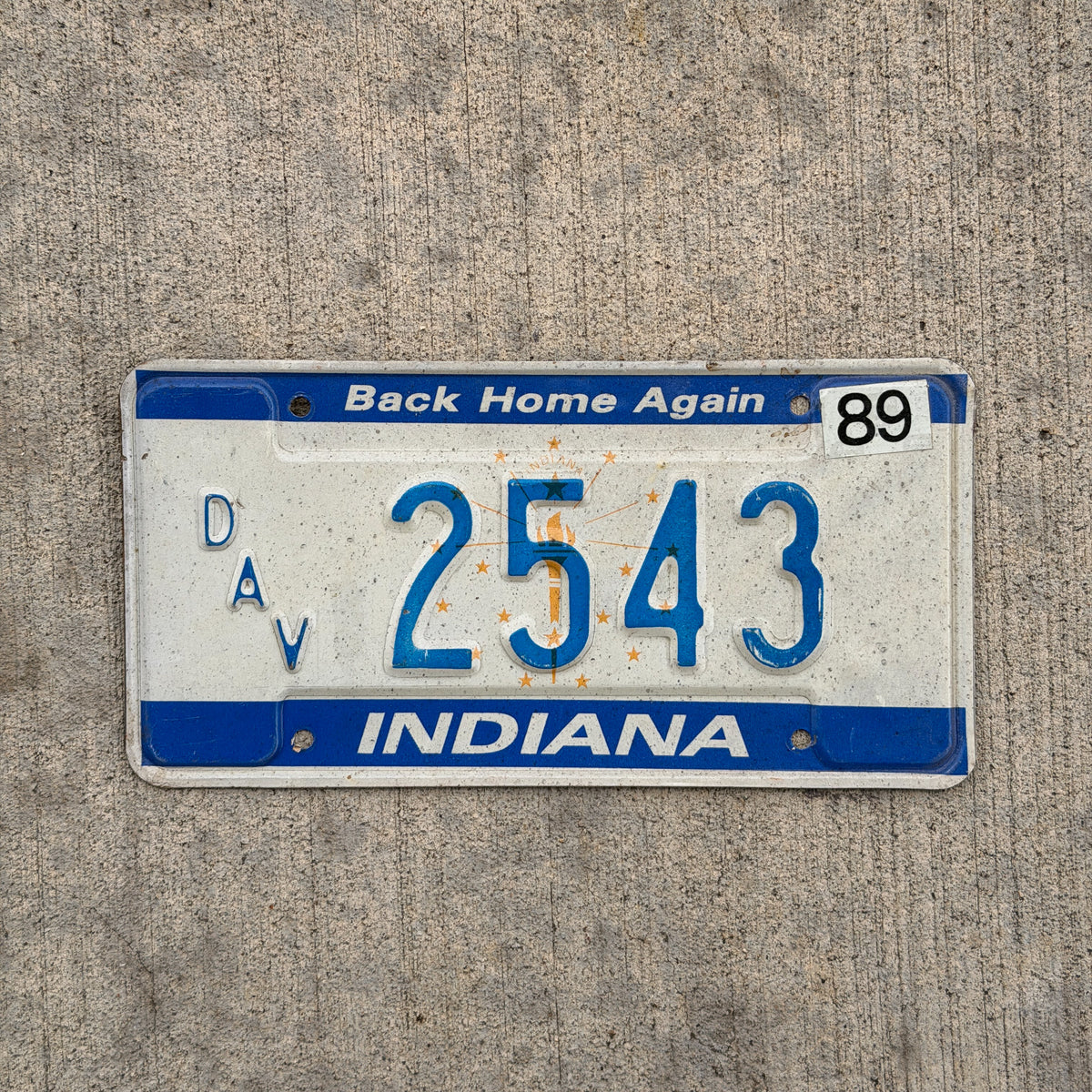 Photo of a 1988 1989 Indiana Disabled Veteran License Plate Auto Tag Garage Decor Vintage 2543 with original patina