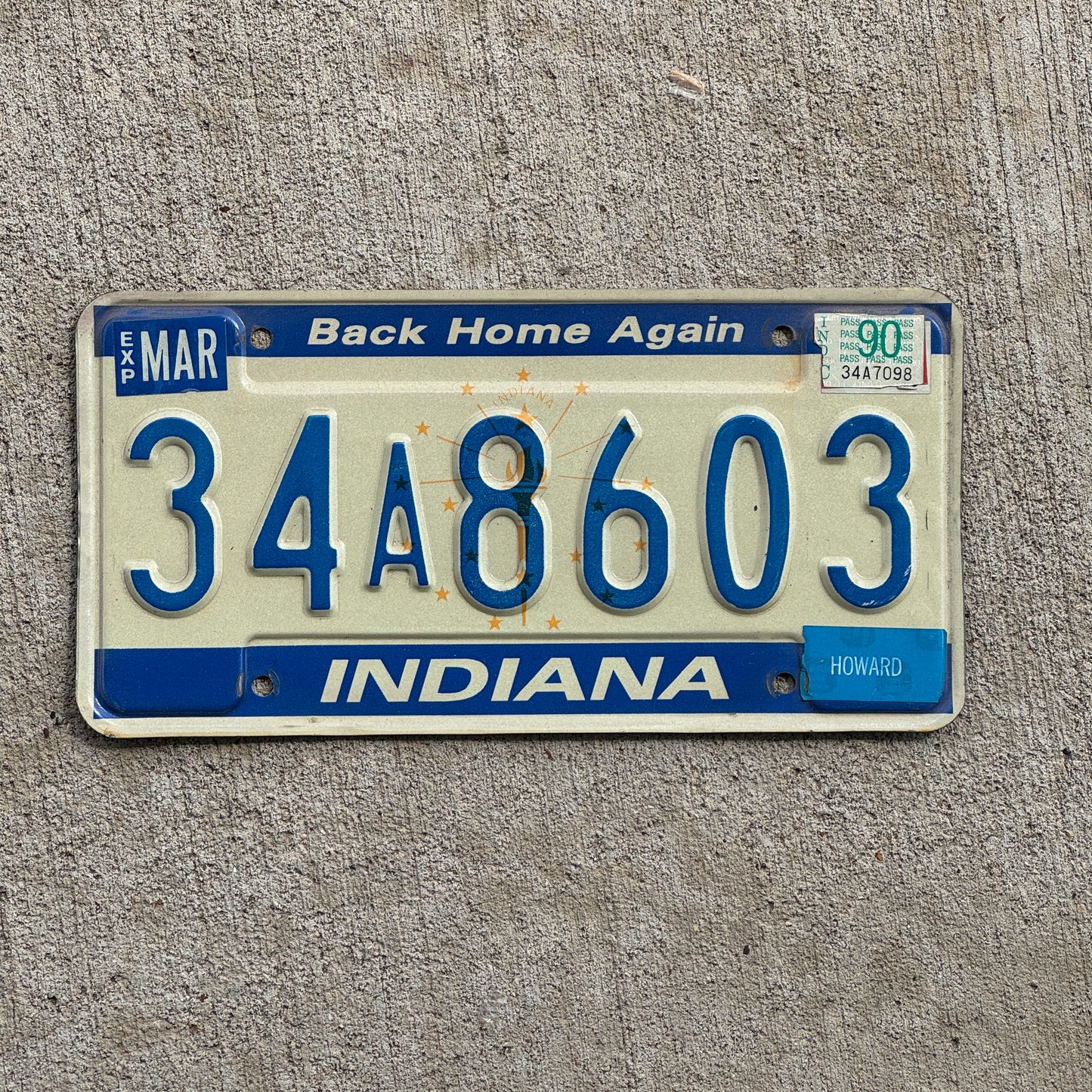 Photo of a 1988 1990 Indiana License Plate Auto Tag Garage Decor Vintage 34 A 8603 with original patina