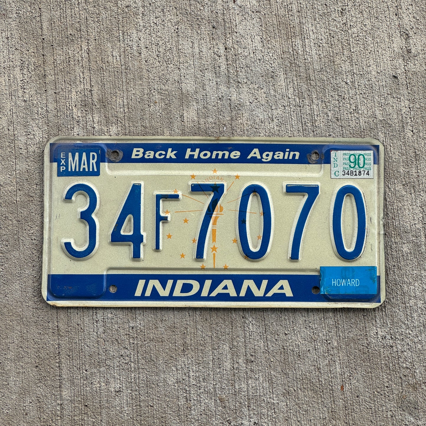 Photo of a 1988 1990 Indiana License Plate Auto Tag Garage Decor Vintage 34 F 7070 with original patina