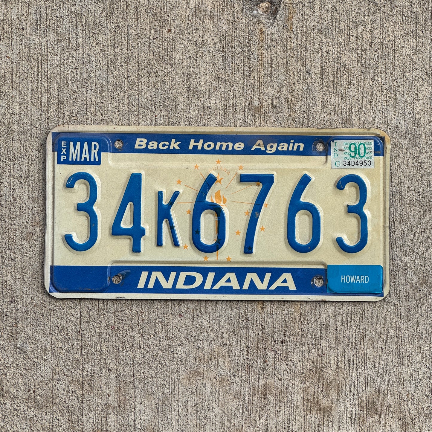 Photo of a 1988 1990 Indiana License Plate Auto Tag Garage Decor Vintage 34 K 6763 with original patina