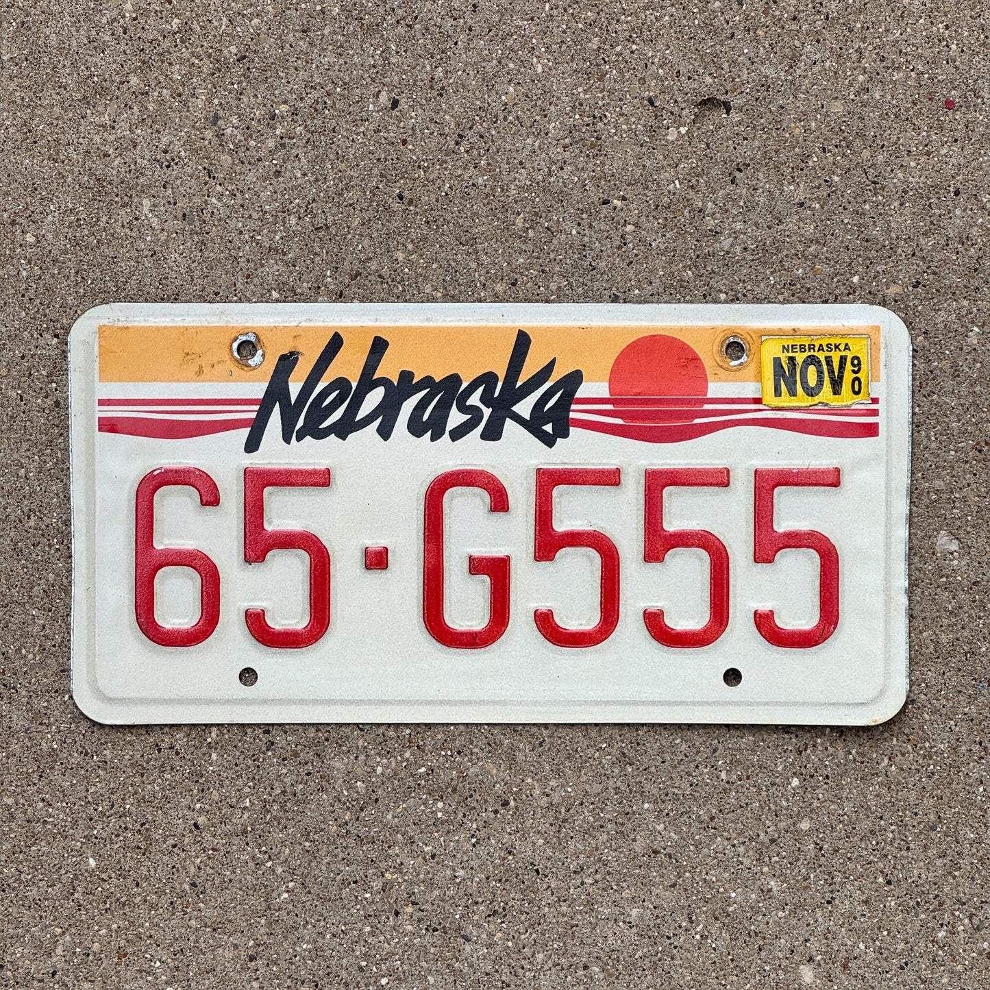 Photo of a 1988 1990 Nebraska License Plate Auto Tag Garage Decor Vintage Repeat Repeating 65 G 555