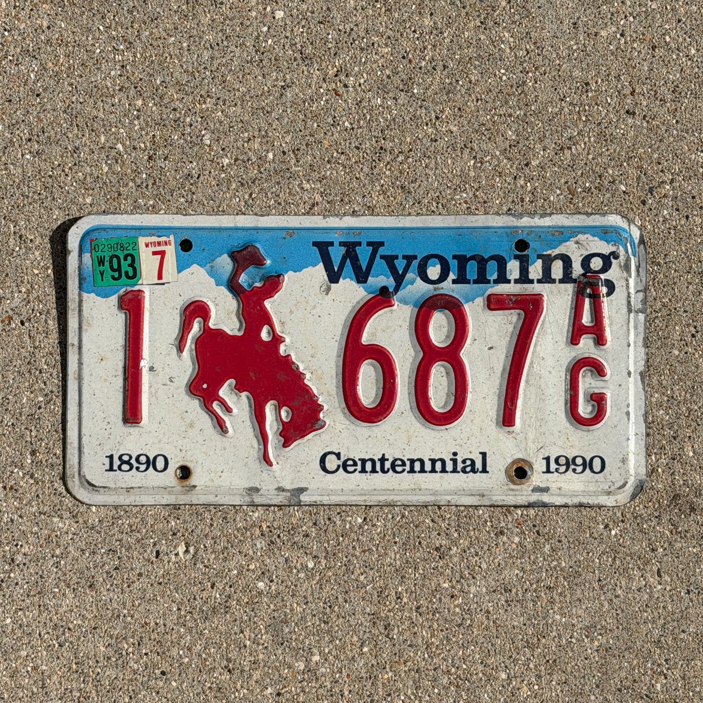 Photo of a 1988 1993 Wyoming License Plate Auto Tag Garage Decor Vintage Cowboy Rodeo 1 687 AG with original patina