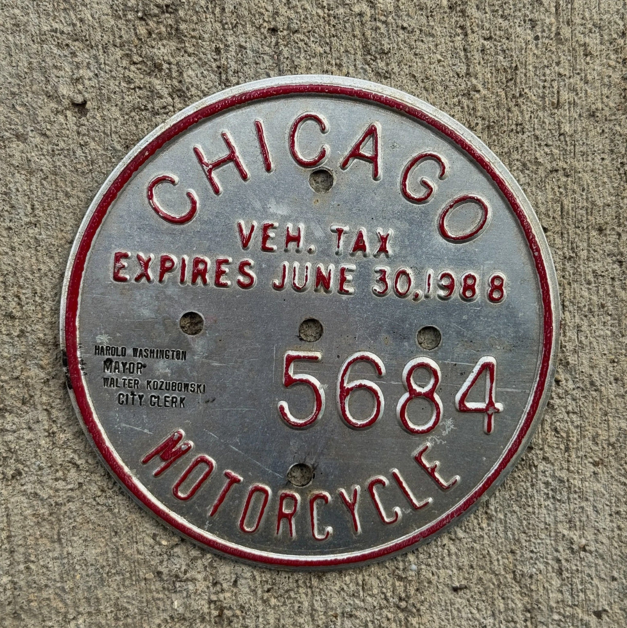 Photo of a 1988 Chicago MOTORCYCLE Tax Tag Disc Disk Medallion Auto Tag Garage Decor Vintage 5684
