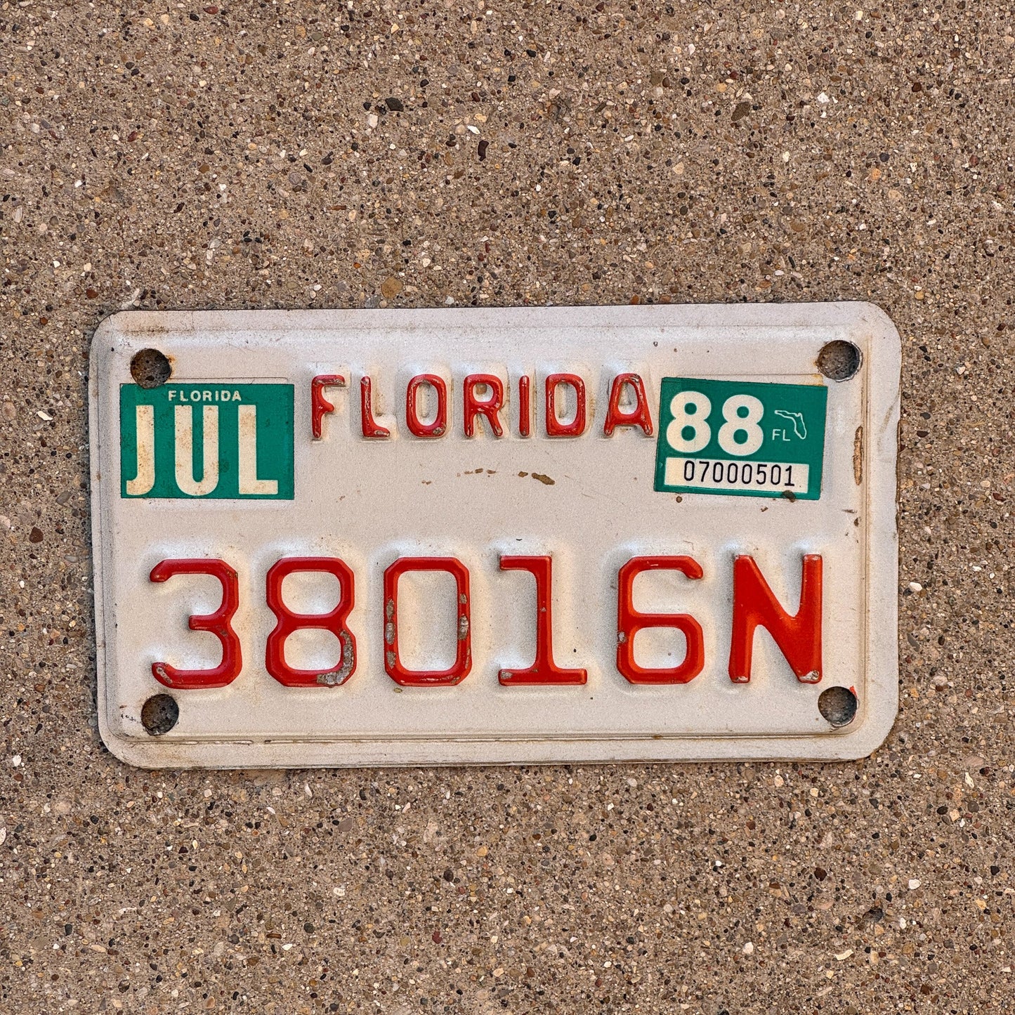 Photo of a 1988 Florida Motorcycle License Plate Auto Tag Garage Decor Vintage 38016 N
