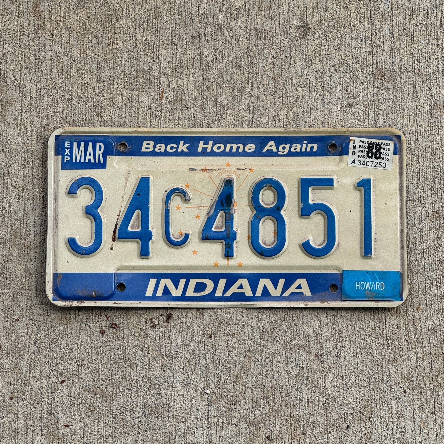 Photo of a 1988 Indiana License Plate Auto Tag Garage Decor Vintage 34 C 4851 with original patina