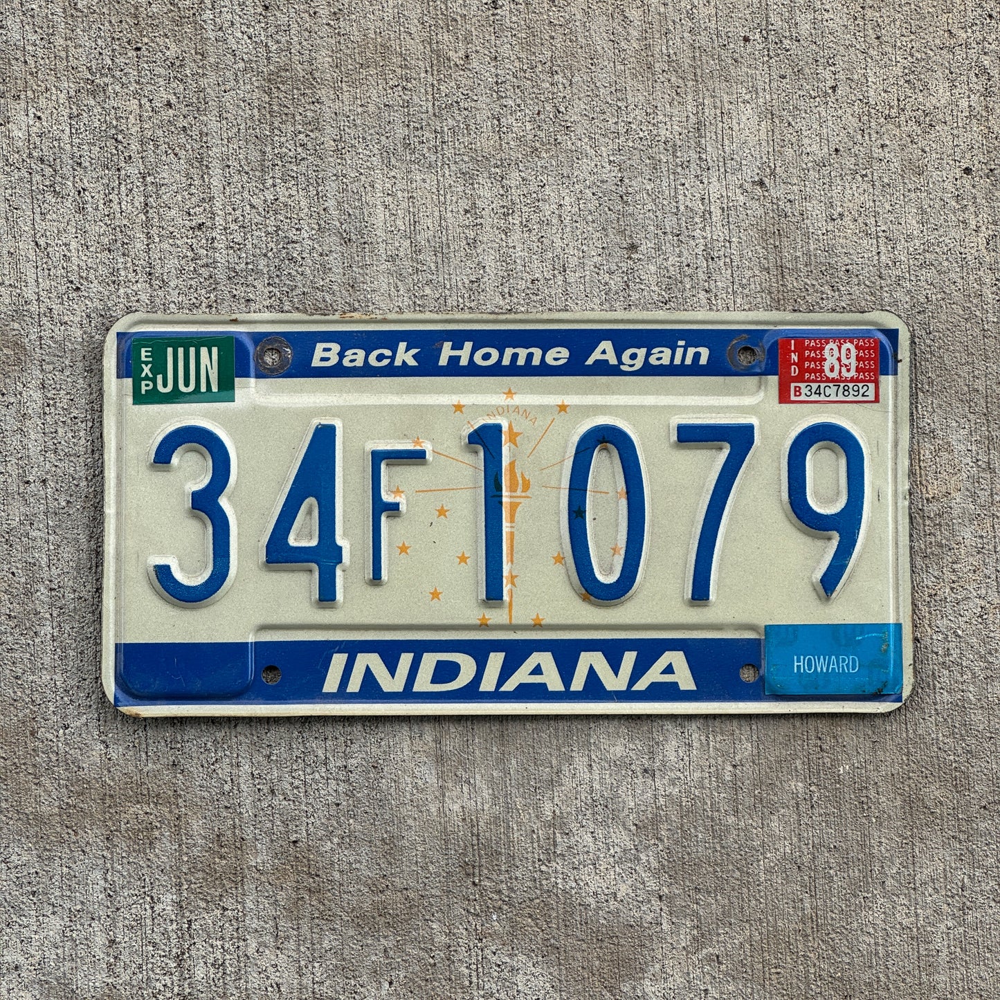 Photo of a 1988 Indiana License Plate Auto Tag Garage Decor Vintage 34 F 1079 with original patina