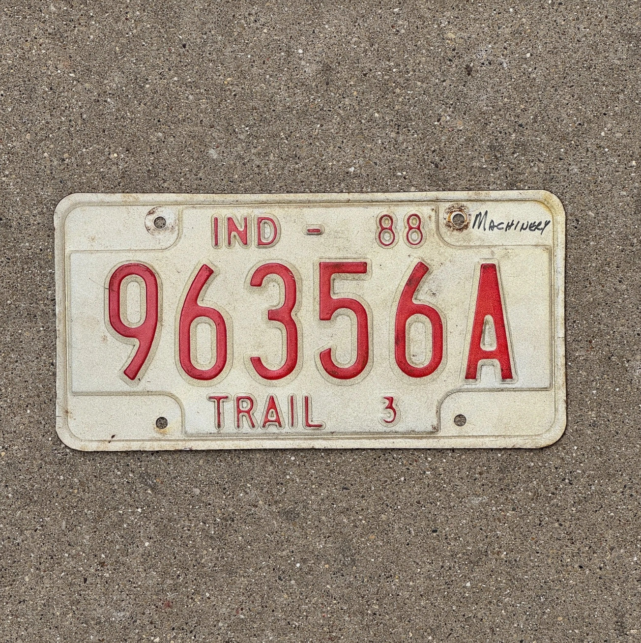 Photo of a 1988 Indiana Trailer License Plate Auto Tag Garage Decor 96356 A
