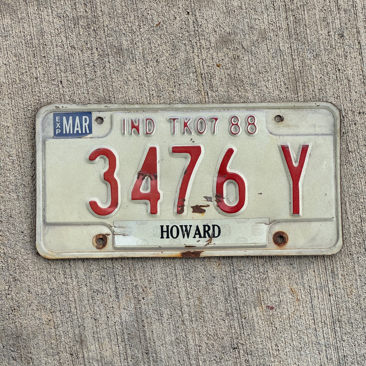 Photo of a 1988 Indiana Truck License Plate Auto Tag Garage Decor Vintage 3476 Y with original patina