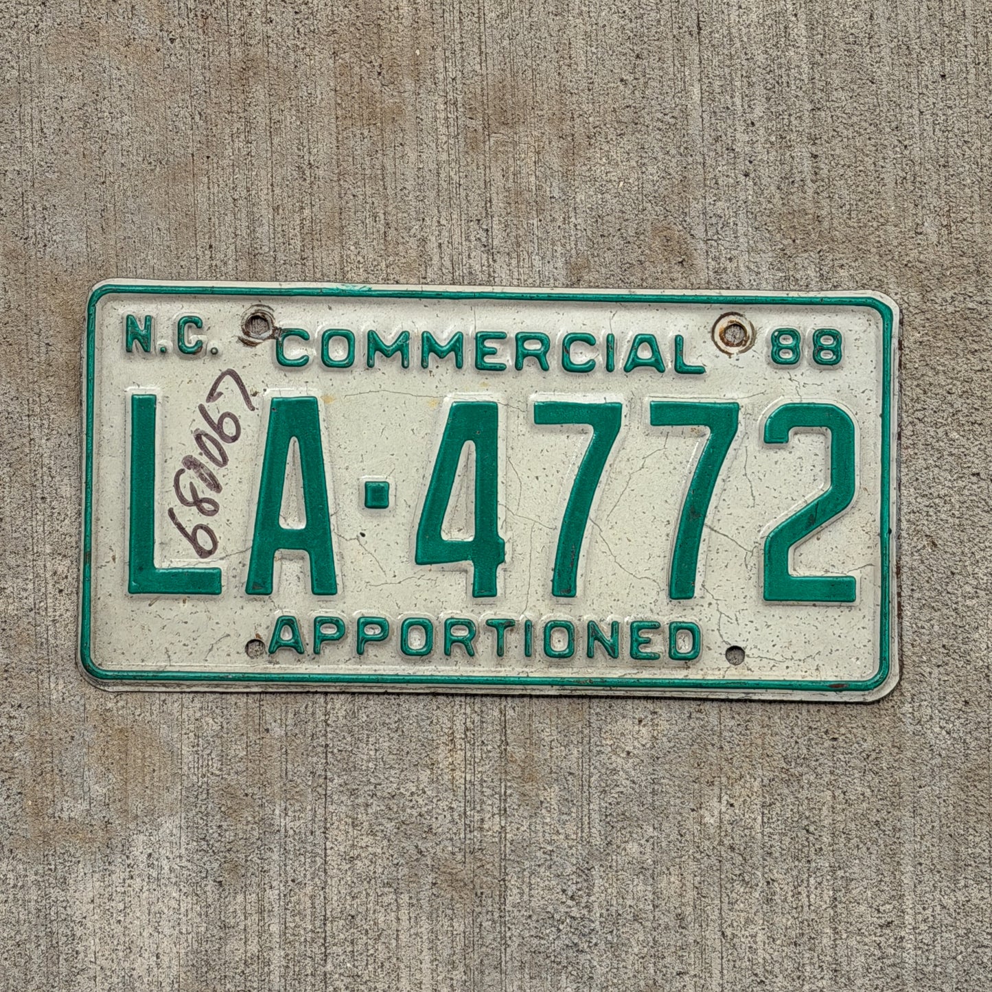 Photo of a 1988 North Carolina Apportioned License Plate Auto Tag Garage Decor Vintage LA 4772 with original patina