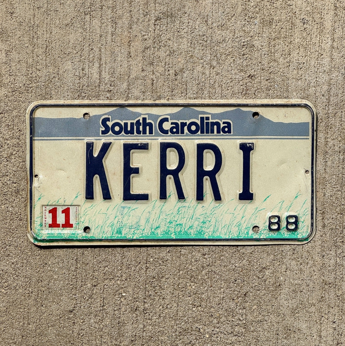 Photo of a 1988 South Carolina Vanity License Plate Auto Tag Garage Decor Vintage Kerry Name KERRI with original patina